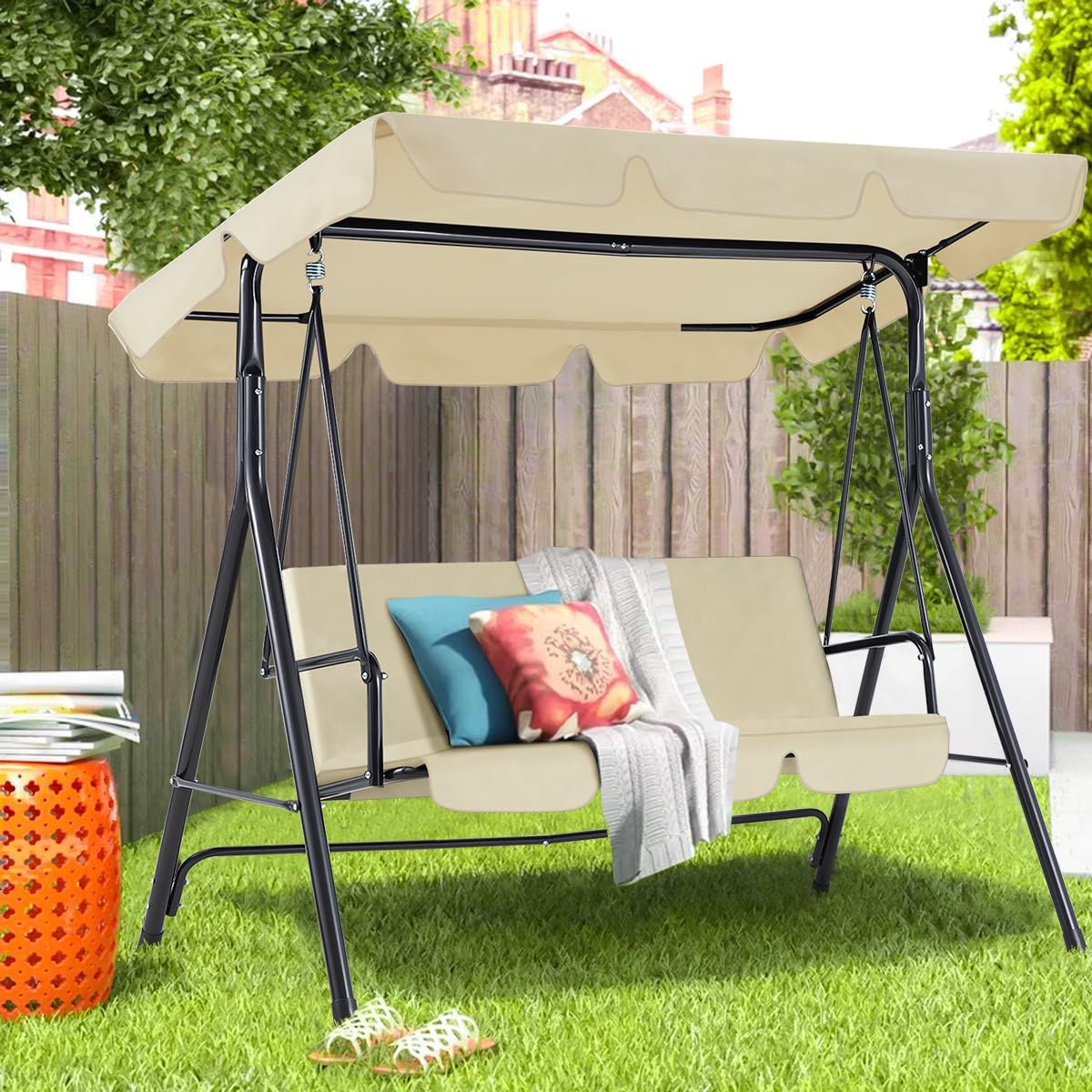 AECOJOY 3-Seat Outdoor Patio Swing Chair with Adjustable Canopy & Removable Cushion - Heavy Duty Porch Swing Bench for Adults - Perfect for Backyard, Garden, Poolside, Balcony or Deck Relaxation (Beige) | Ideal for Lounging, Reading & Enjoying Outdoor Breezes
