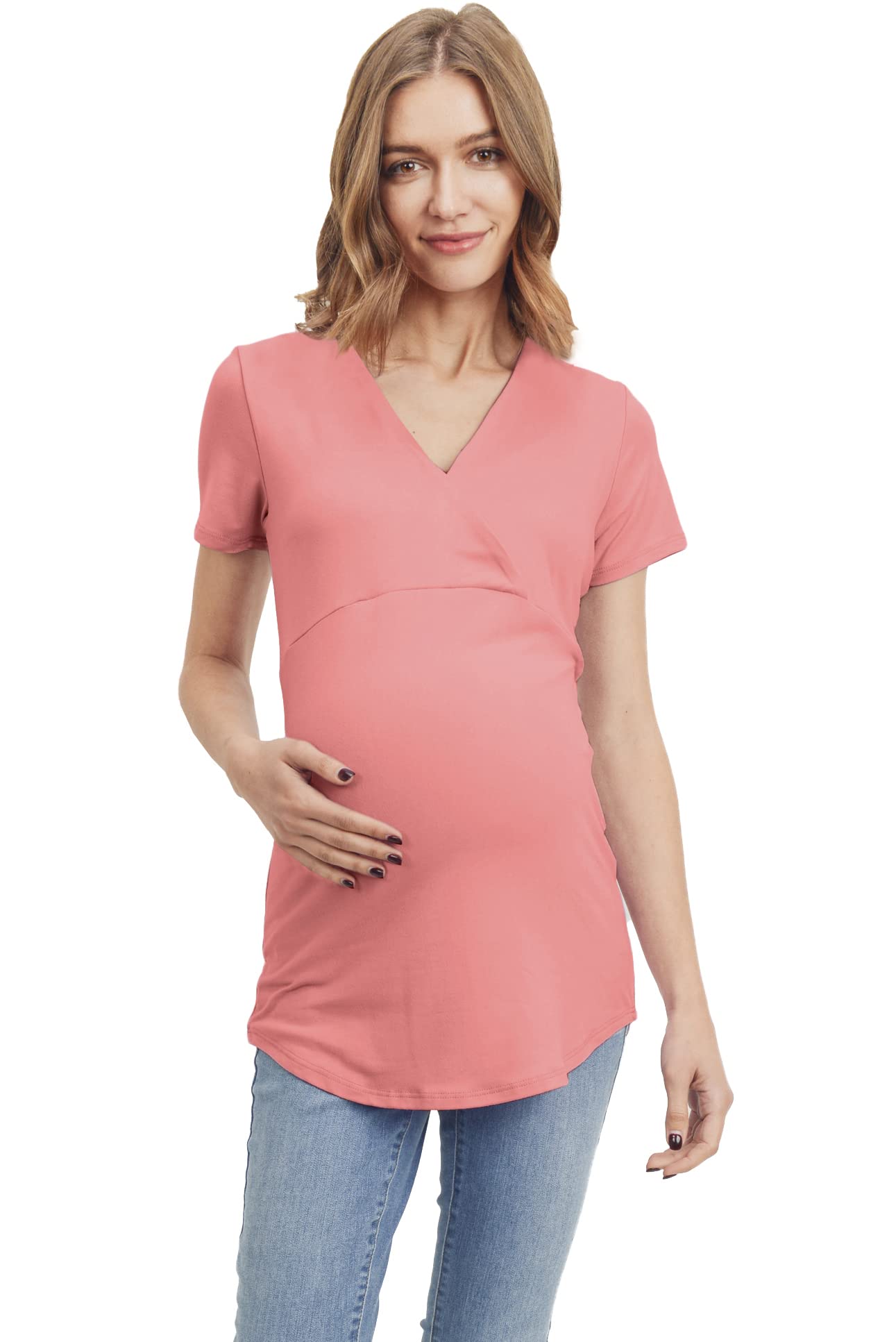 Comfortable Women's Maternity V-Neck T-Shirt - Soft Cotton Pregnancy Top for Everyday Wear & Nursing - Perfect for Casual Outfits, Maternity Photos & Relaxing at Home