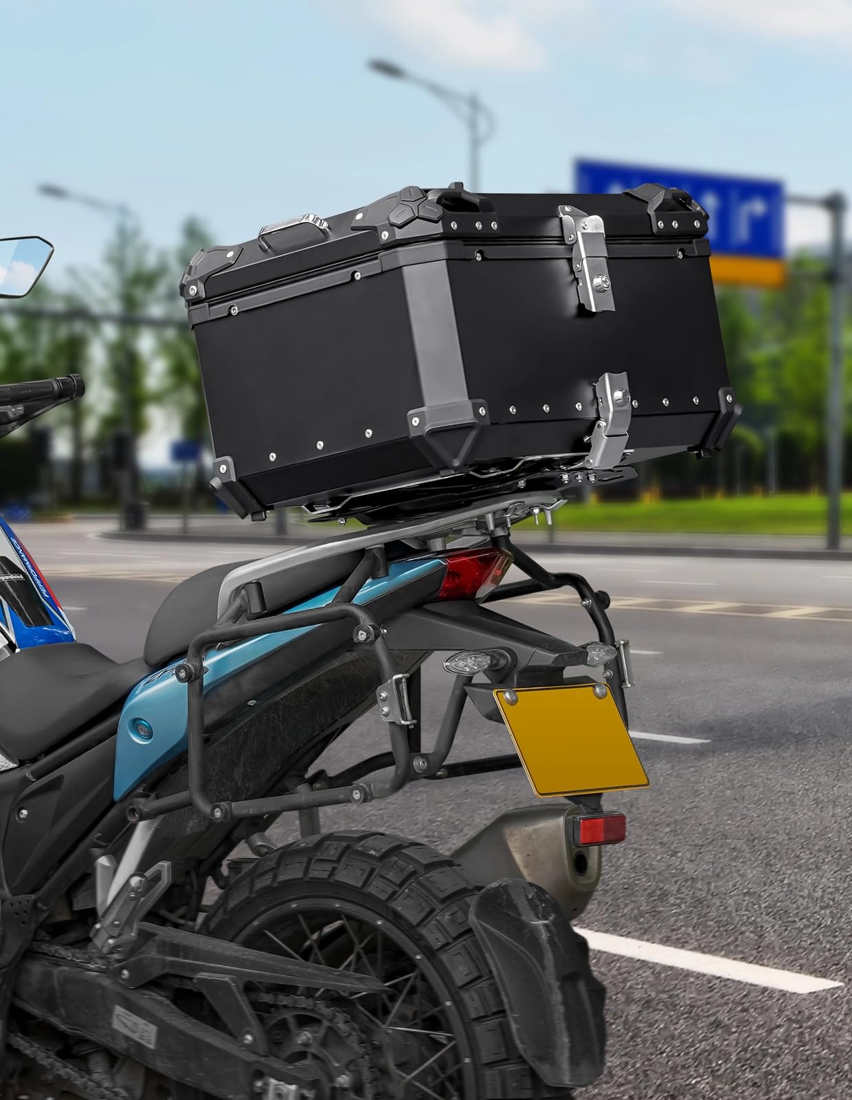 100L Waterproof Aluminum Motorcycle Top Case - Universal Motorcycle Luggage Trunk with Bracket Base Plate for Helmet & Storage | Durable Motorcycle Accessories for Touring, Commuting & Road Trips (Black)