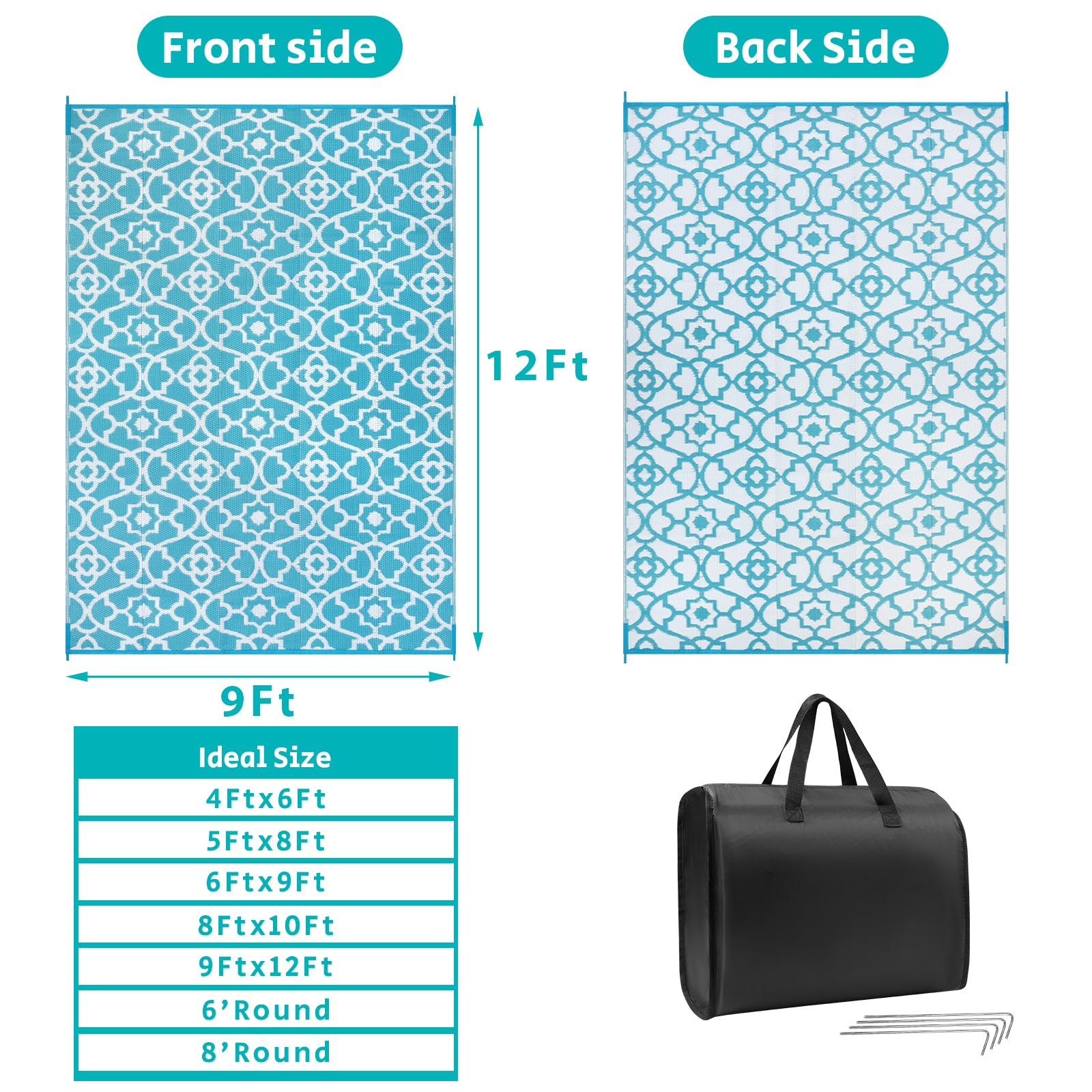 HEBE 9'x12' Waterproof Reversible Outdoor Rug - Durable Plastic Straw Patio Mat for Camping, RV, Porch, Deck, Balcony, Backyard | Perfect for Outdoor Gatherings & Summer Entertaining