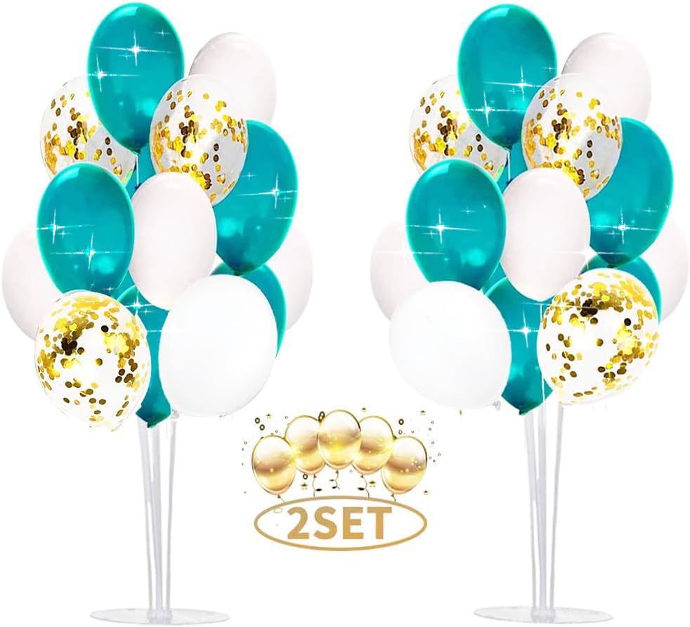 Teal Gold Balloons & Turquoise Birthday Decorations - 2 Sets of 15pcs Table Centerpiece Balloon Stands for Wedding, Birthday Party, Baby Shower & Special Events | Elegant Teal & Gold Party Decor