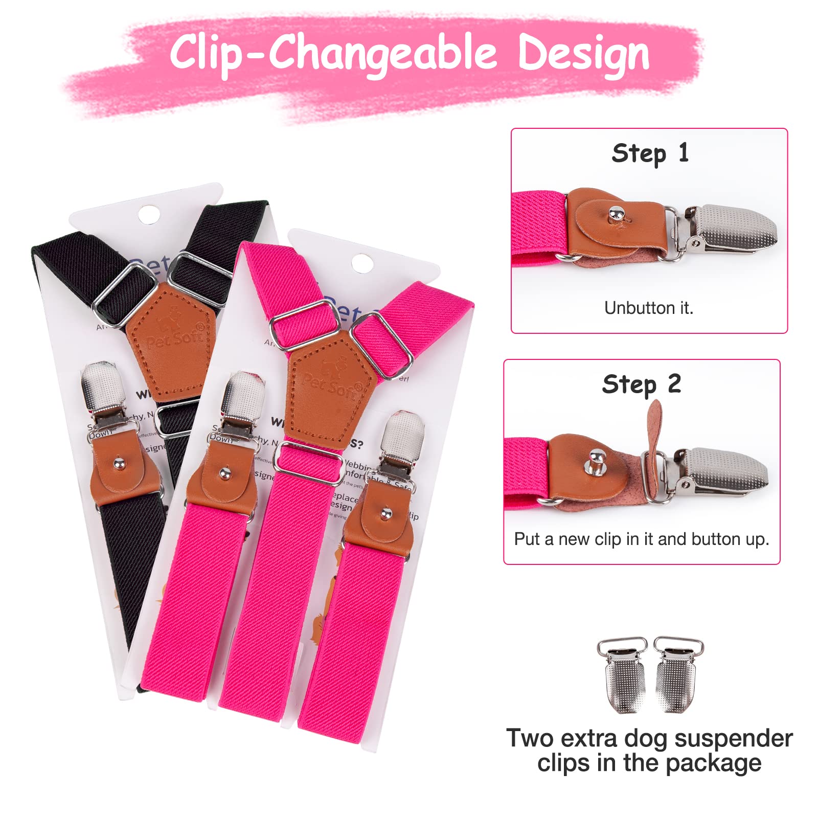 Pet Soft Dog Suspenders 2-Pack - Adjustable Diaper Suspenders for Small/Medium Female Dogs - Secure Dog Diapers, Skirts & Dresses (Black & Pink) - Perfect for Playtime, Walks & Special Occasions