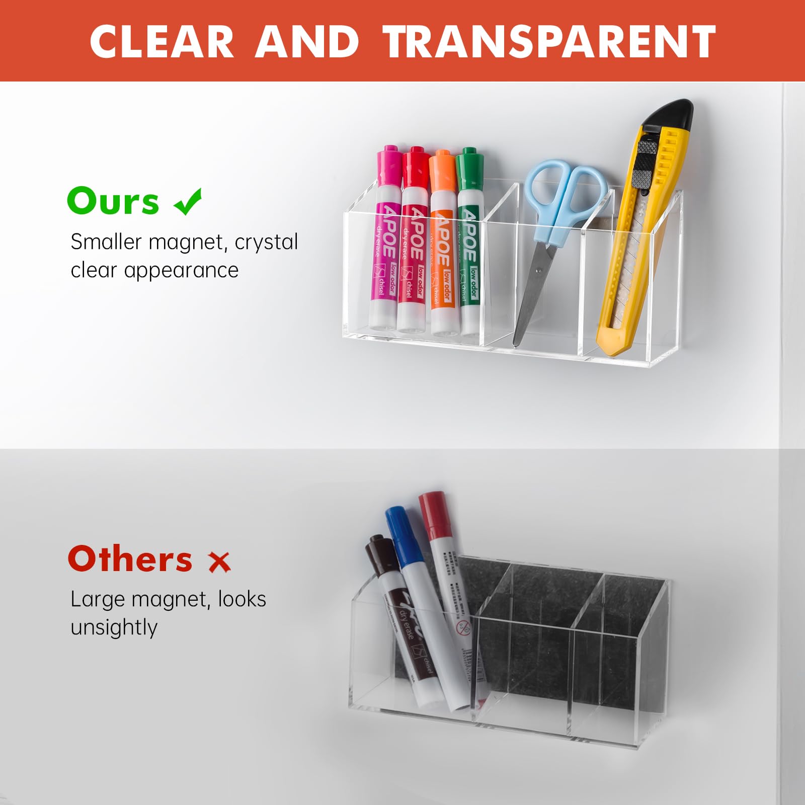 Magnetic Dry Erase Marker Holder - Acrylic Whiteboard & Refrigerator Organizer with Strong Magnet for Office, Classroom, Home - Perfect for Whiteboard Markers, Pens, Notes on Fridge, Locker & Metal Surfaces