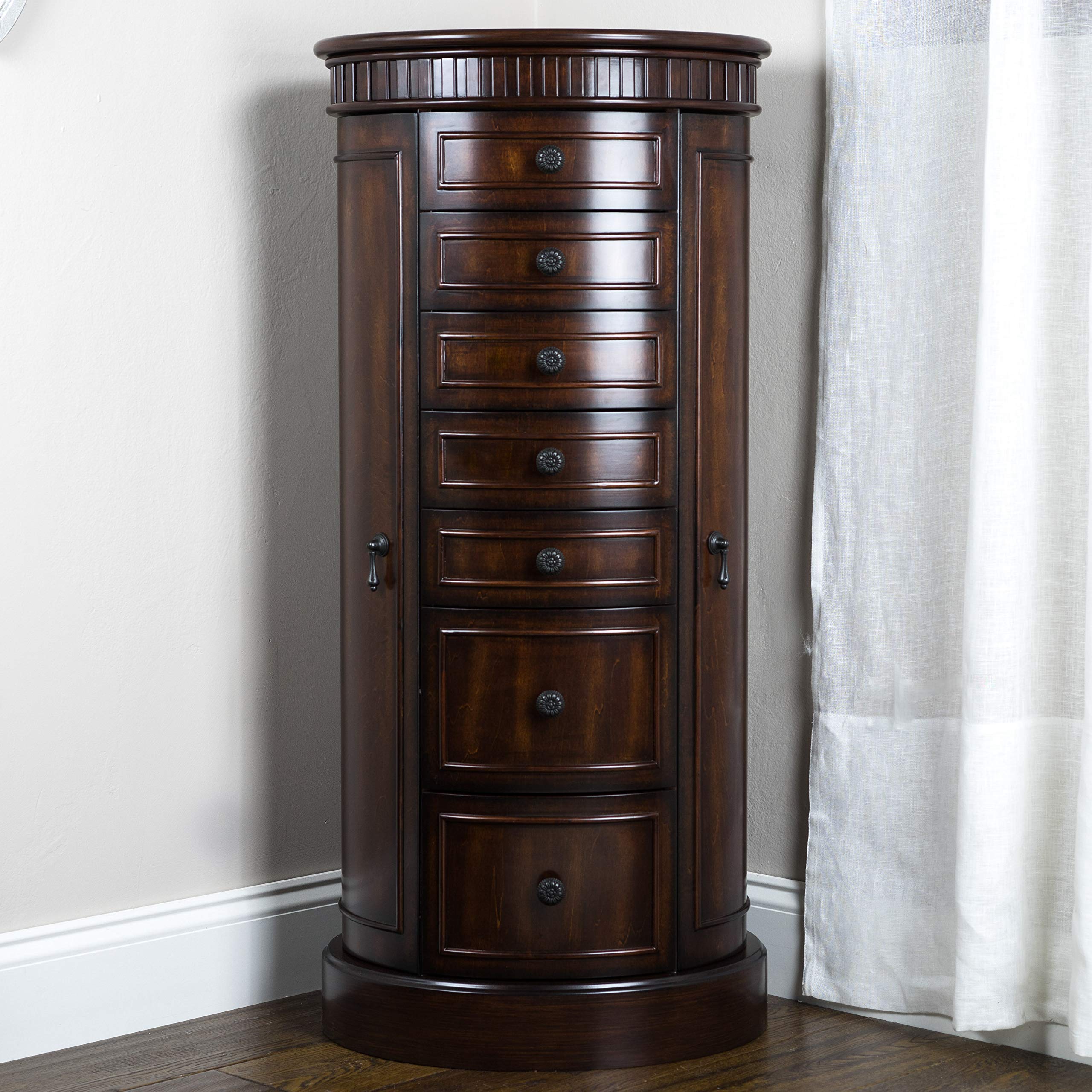 Bailey Oval Jewelry Armoire with Mirror & Drawers - Walnut Jewelry Storage for Necklaces, Earrings & Bracelets - Bedroom & Closet Organizer