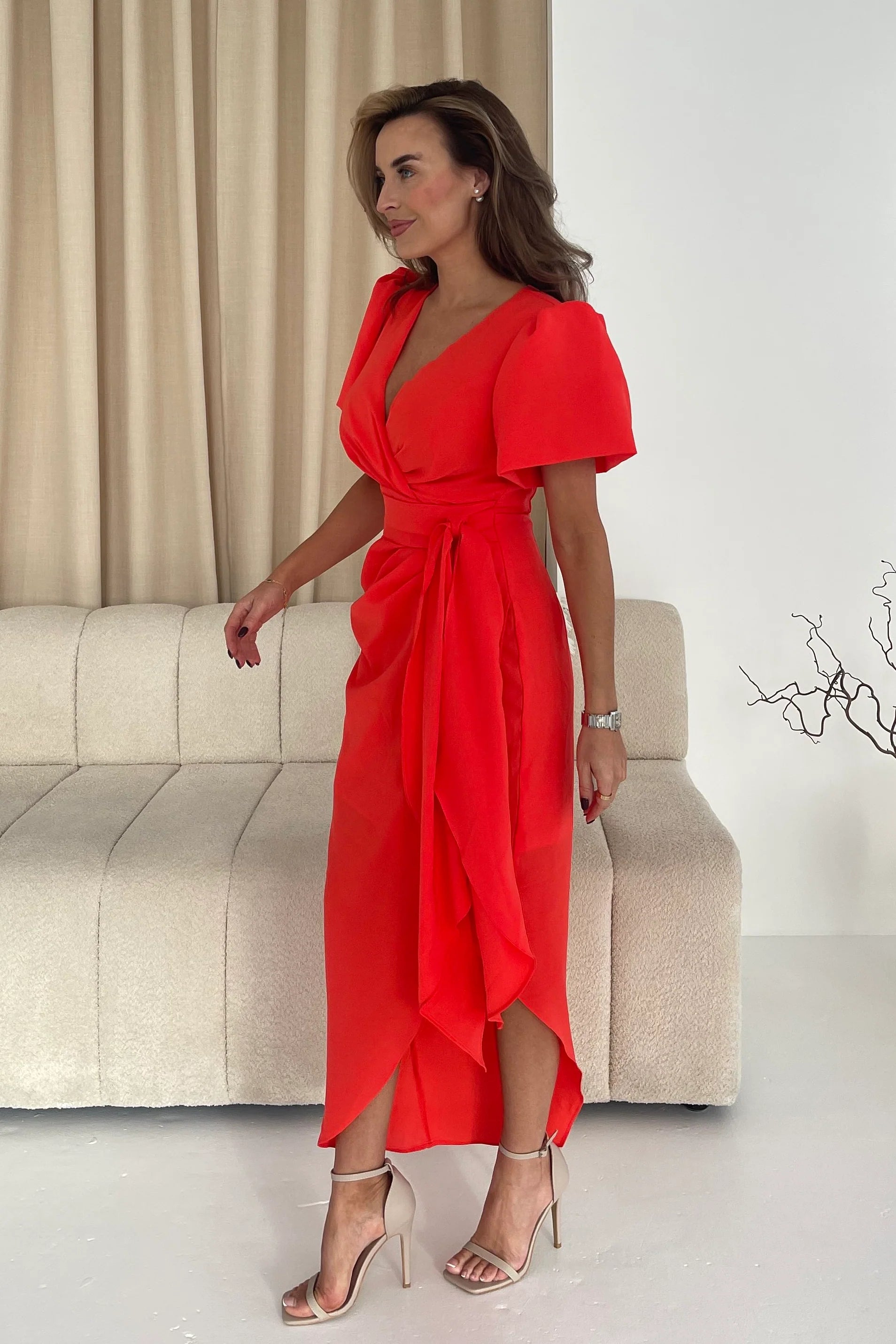 Drew Women's Puff Sleeve Midi Dress - Flowy Orange Summer Dress for Casual Outings, Beach Vacations & Date Nights