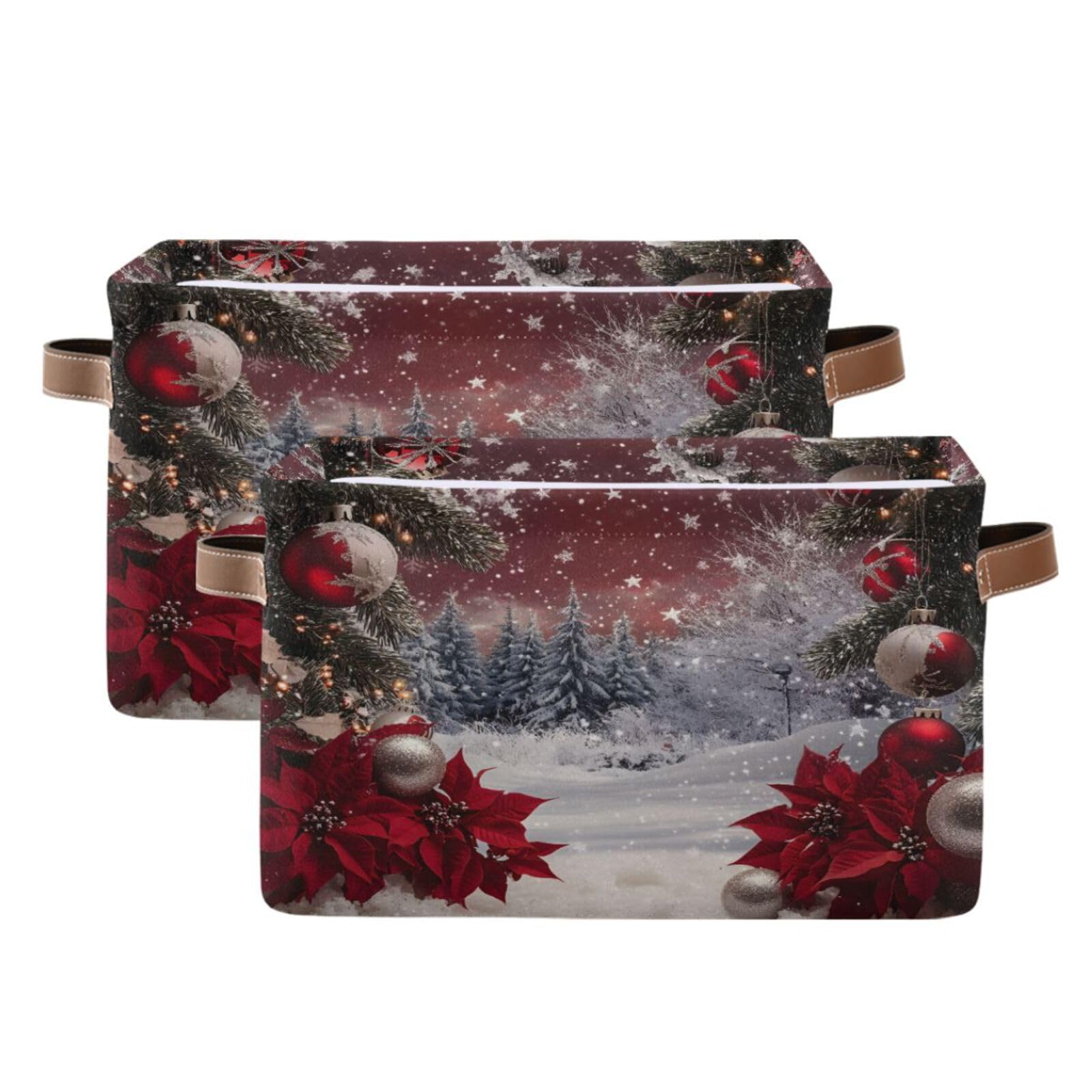 Qilmy Christmas Ball Storage Basket 2 Pack - Collapsible Canvas Rectangular Storage Bin with Leather Handles for Holiday Decor Organization | Perfect for Closet, Office, Nursery & Home Decor Storage Solutions