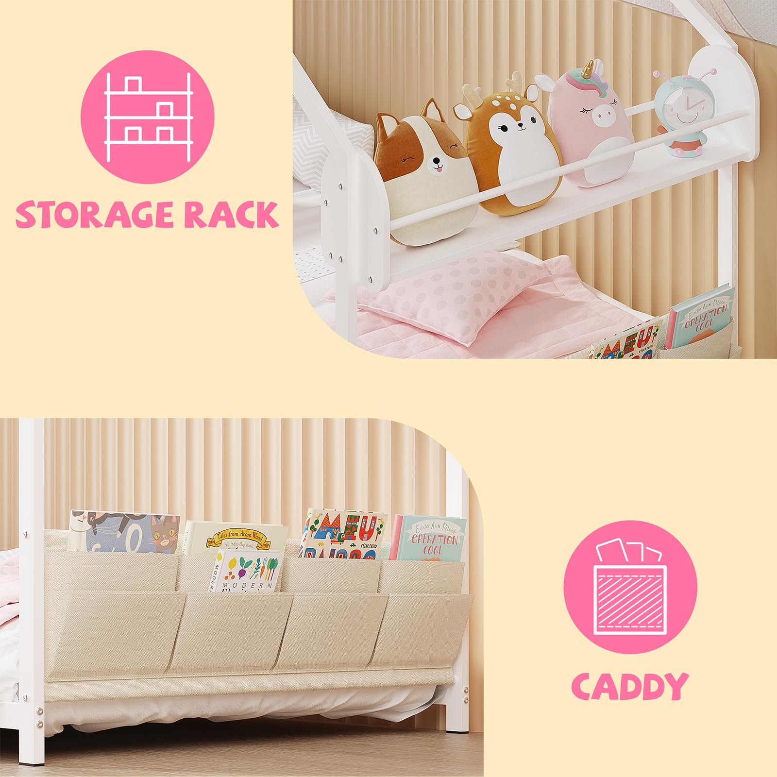 Timy House Twin Size Montessori Metal Floor Bed with Storage Rack & Caddy - No Box Spring Needed White Kids Bed Frame - Perfect for Montessori Bedrooms, Small Spaces & Toddler Sleep Training