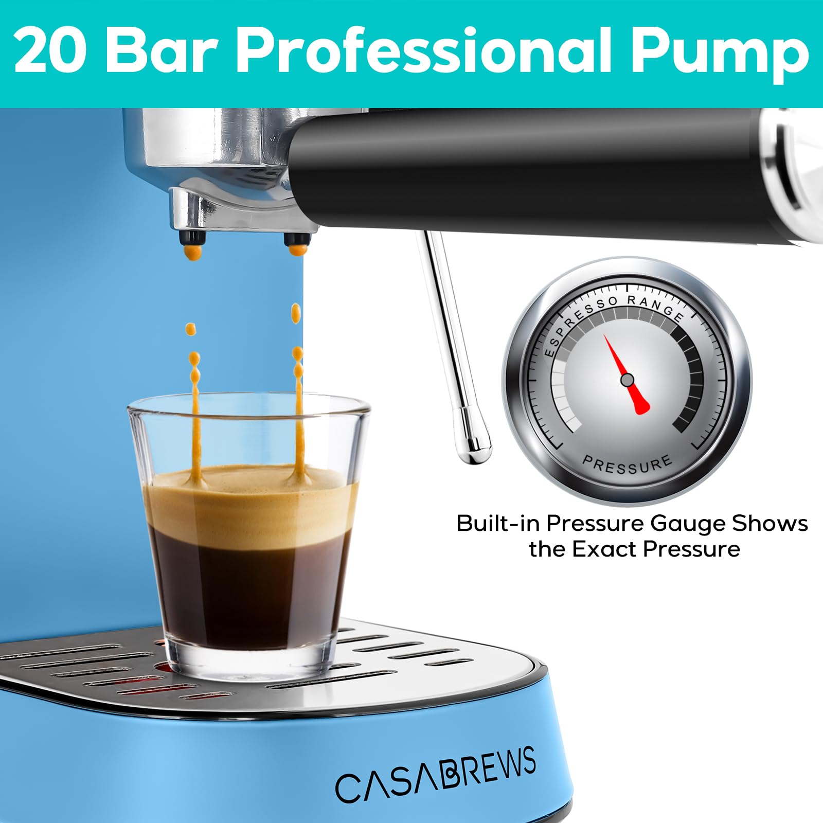 CASABREWS 20 Bar Espresso Machine with Milk Frother - Stainless Steel Professional Coffee Maker, 34oz Removable Water Tank (Baby Blue) - Perfect for Home, Office & Cafe Use