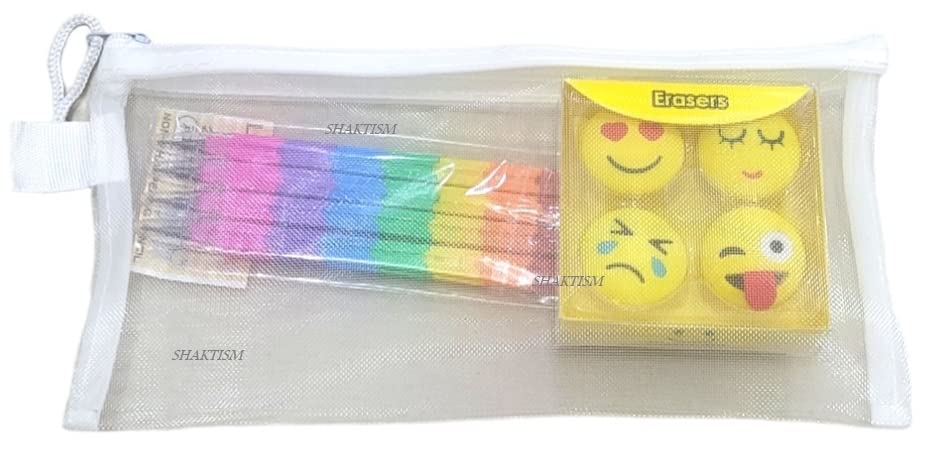 Shaktism Mechanical Pencils & Eraser Set - 12-Piece Writing Kit with Emoji-Shaped Erasers, Transparent Pouch for School, Office & Art | Perfect Gift for Kids, Boys & Girls | Back to School Supplies, Birthday Present & Classroom Essentials