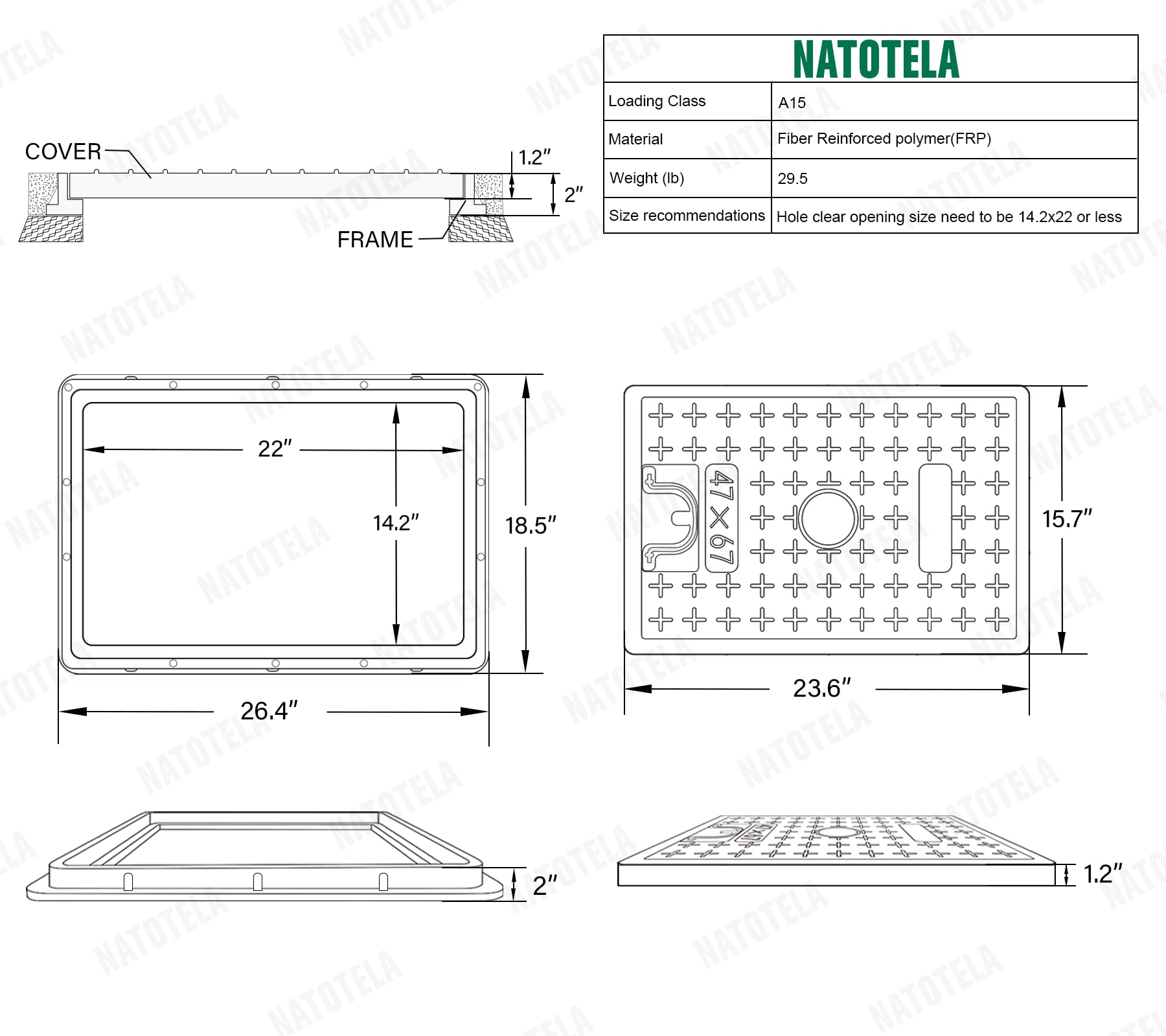 Fiberglass Septic Tank Cover and Frame 26x18 Inch - Heavy Duty Rectangle Manhole Cover with 22x14 Inch Clear Opening, 24x16 Inch Solid Top - Recessed Sewer Cover with Handle for Yard, Pavement, and Outdoor Drainage Systems - Perfect for Residential and Commercial Landscaping Projects