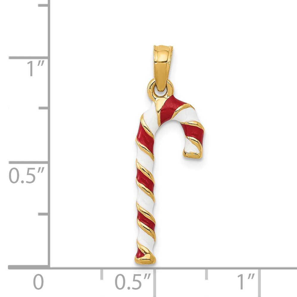 14K Solid Yellow Gold Enameled Candy Cane Charm Pendant - 25mm x 9mm Christmas Jewelry Gift for Women, Perfect for Holiday Parties, Tree Decorations & Festive Outfits