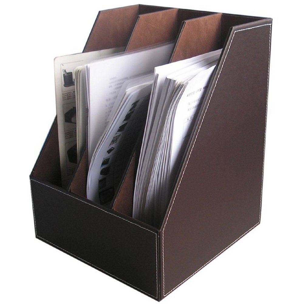 KINGFOM Wooden Leatherette Magazine File Holder - 3 Compartment Desktop Organizer for Office & Home, Paper Storage Box with Elegant Brown Finish - Perfect for Organizing Documents, Bills, and Office Supplies on Your Desk
