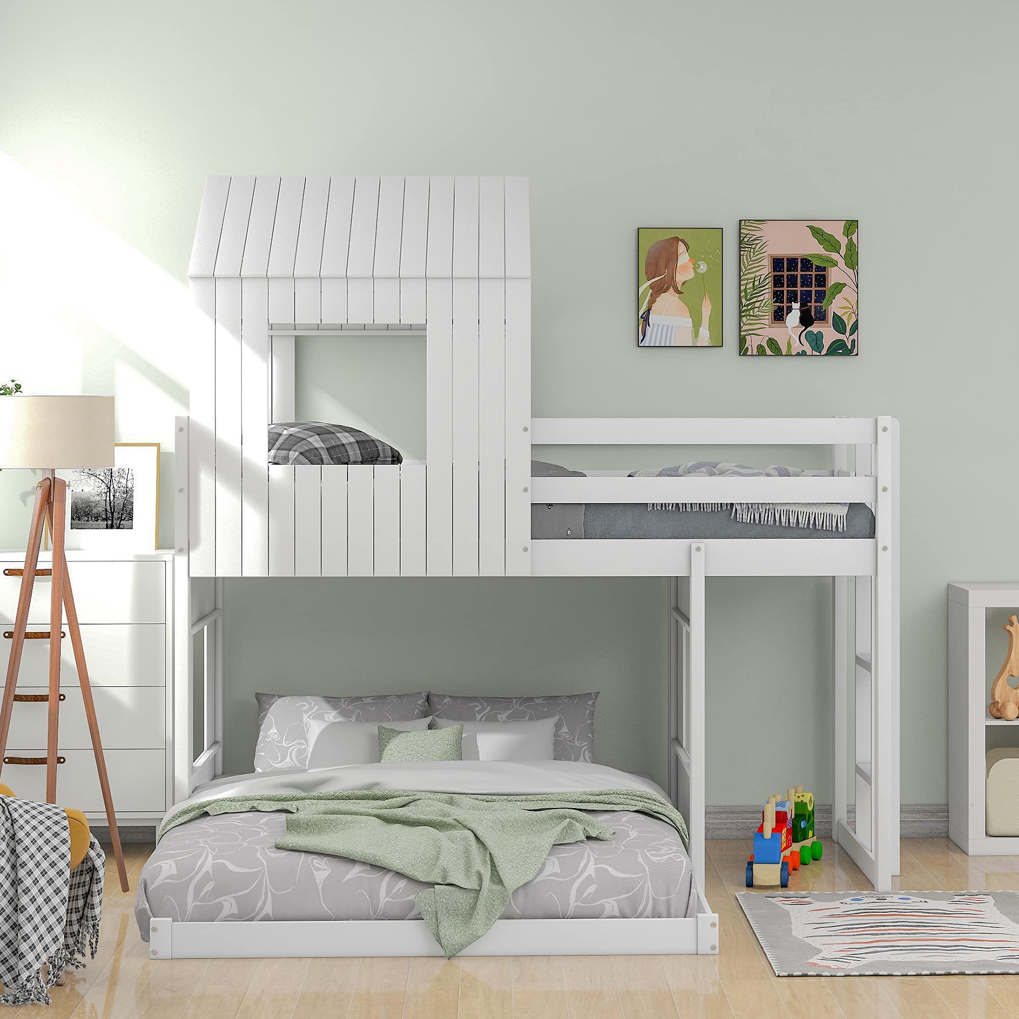 **Kids Bunk Bed with Slide - Twin Over Full Wooden Playhouse Bed for Toddlers & Children, Farmhouse Design with Roof, Window, Guardrail & Ladder - Perfect for Bedrooms, Playrooms & Sleepovers (White)**
