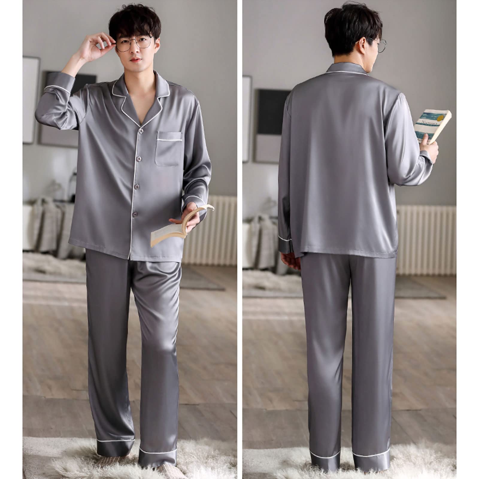 Premium Men's Silk Satin Pajama Set - 2 Piece Long Sleeve Sleepwear with Turn-Down Collar for Comfortable Nightwear & Lounge Wear at Home