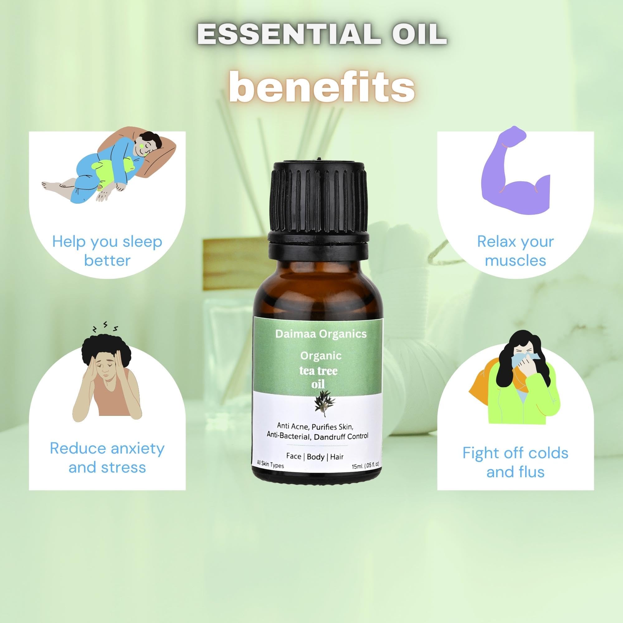 **Organic Tea Tree Essential Oil for Face, Hair & Body - 100% Pure, Steam Distilled, 15ml (Pack of 3) - Relaxing, Soothing & Calming for Skin Care, Aromatherapy & Stress Relief**