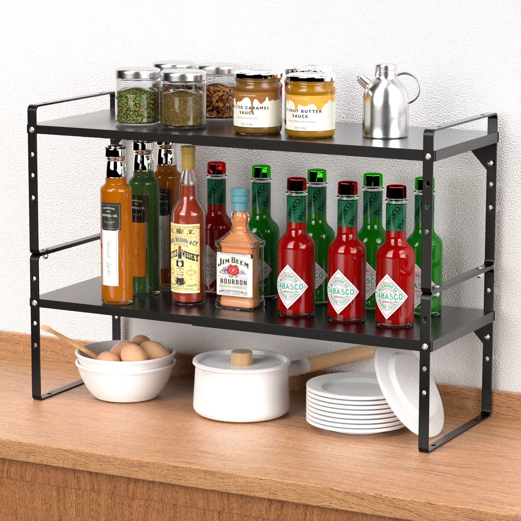 2 Pack Expandable Kitchen Cabinet Shelf Organizers - Stackable Metal Pantry Storage Rack, Adjustable Counter Shelf for Cabinets & Countertops - Perfect for Spice Organization, Baking Supplies & Small Appliance Storage (Black)