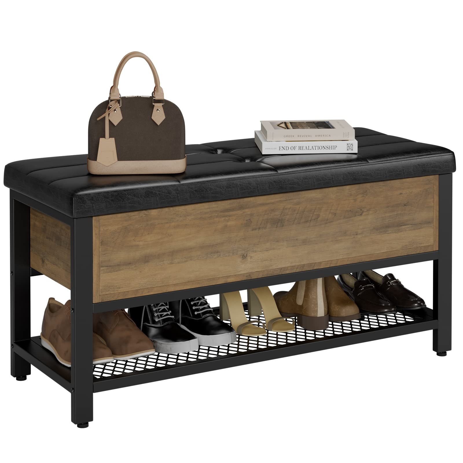 HOSTACK Storage Bench with Flip-Open Lid - Rustic Brown Entryway Shoe Bench, Bedroom Ottoman with Storage Shelf & Padded Seat - Perfect for Hallway, Living Room & Bed End Organization