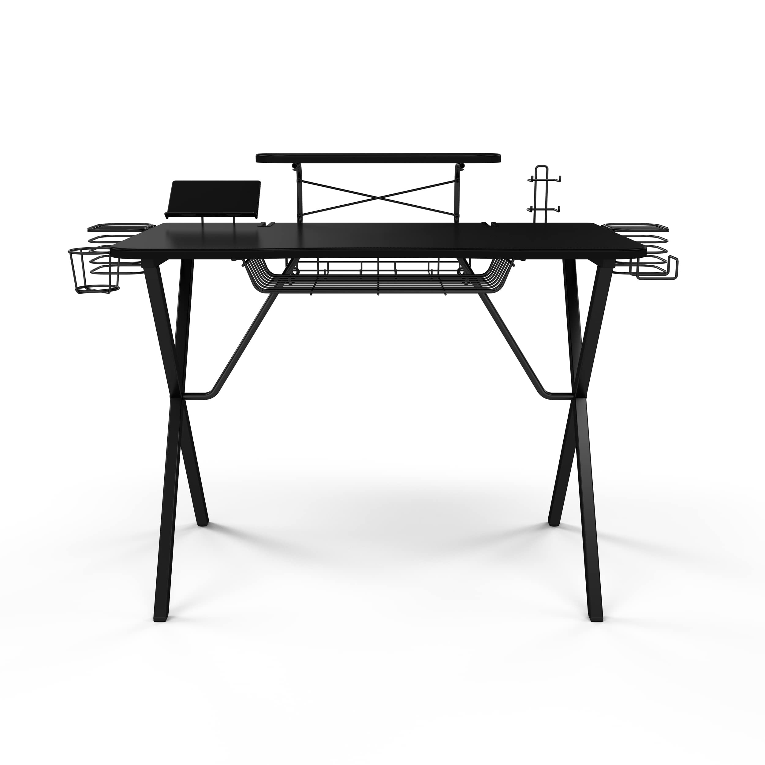 Atlantic Gaming Desk with Carbon-Fiber Desktop, X-Legs & Monitor Stand - Ergonomic Computer Desk for PC Gamers with Phone Holder & Speaker Stands (Black) - Perfect for Streaming, Esports & Home Office Setup