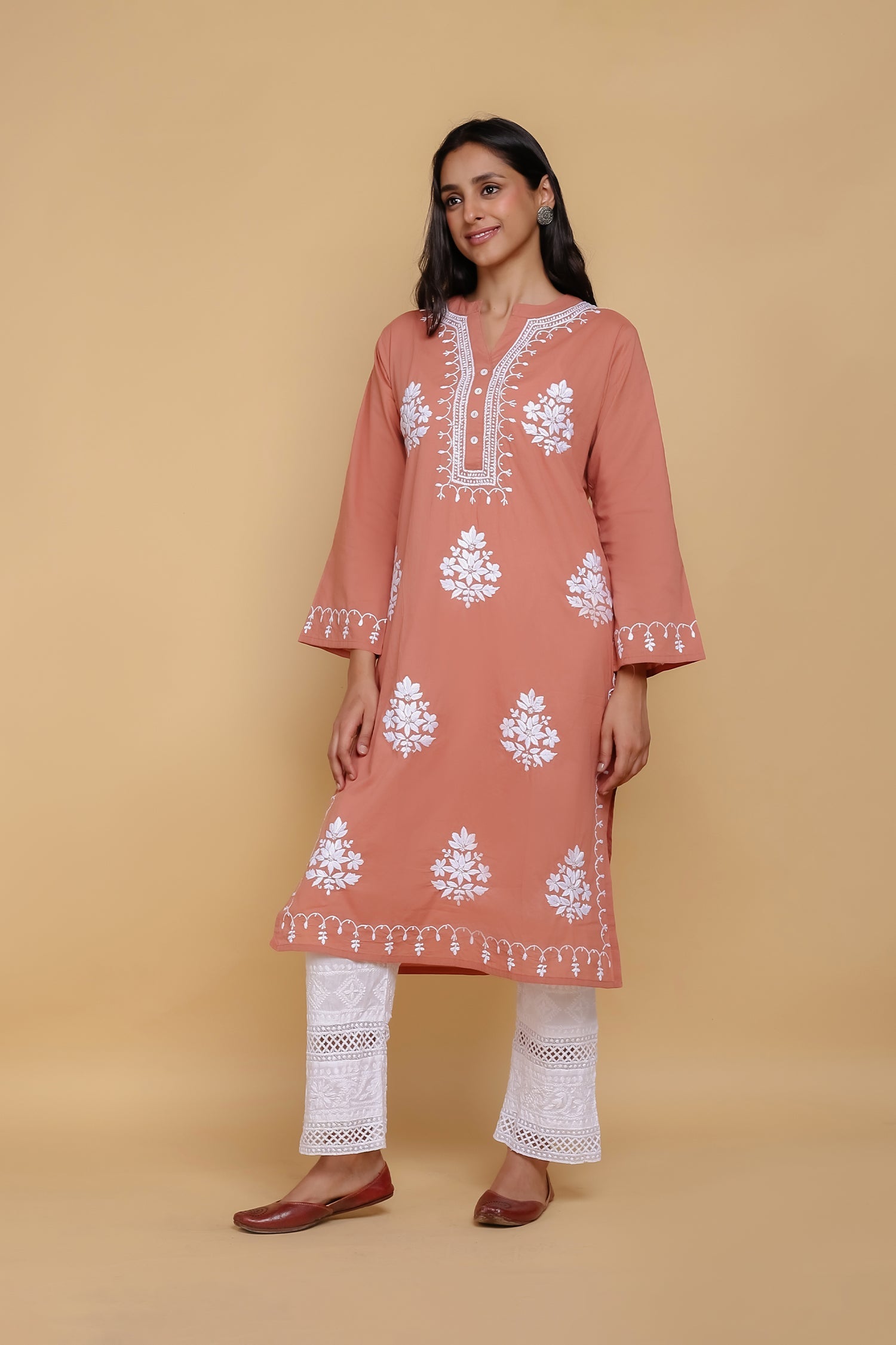 Elegant Saba Chikankari Long Kurta - 100% Cotton Orange Embroidered Tunic for Women | Perfect for Festivals, Weddings & Ethnic Occasions