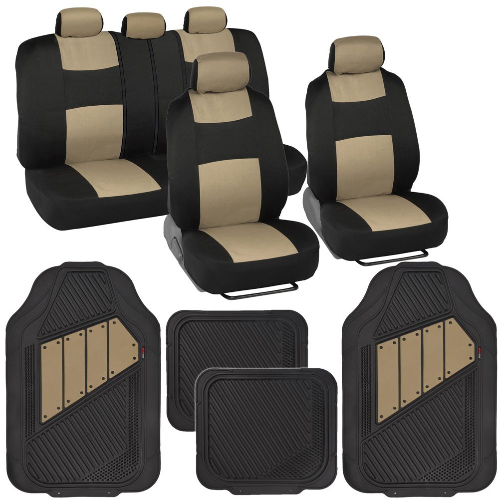 BDK PolyPro Black & Beige Car Seat Covers Full Set with Motor-Trend FlexTough All-Weather Rubber Floor Mats - Front & Rear Split Bench Seat Protectors for Cars, Trucks & SUVs | Perfect for Daily Commute, Road Trips & Pet Protection