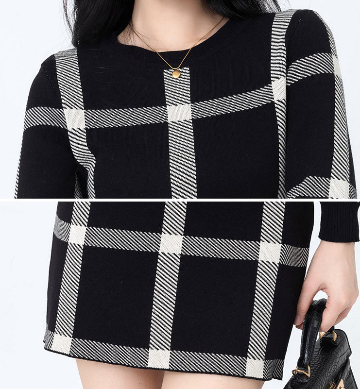 Black Plaid Knit Winter Mini Dress for Women - Cozy Christmas Party Outfit & Holiday Date Night Attire