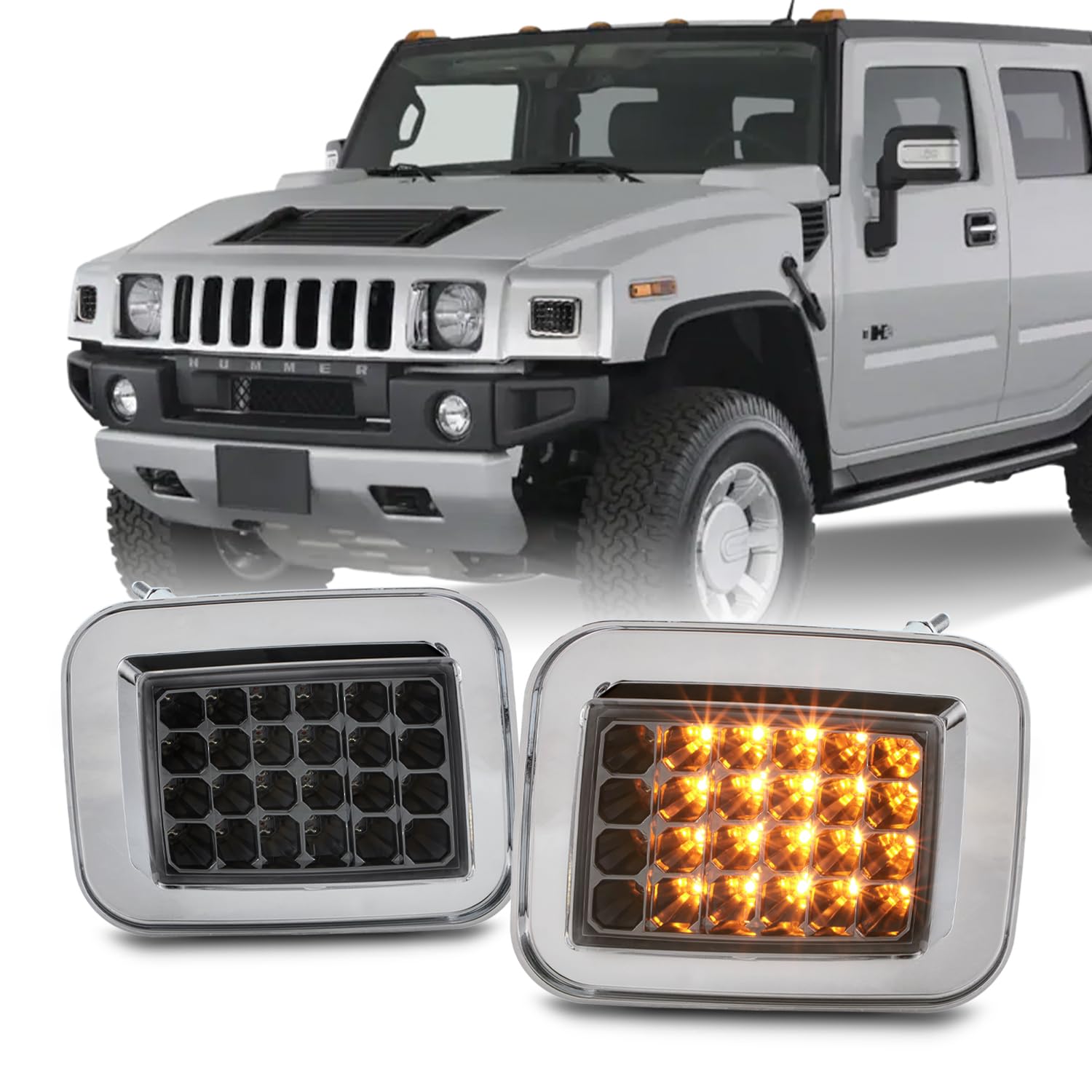 AKKON LED Chrome Smoked Corner Lights Parking Signal Lamp Pair for 2003-2009 Hummer H2 (USA Model) - Driver & Passenger Side - Enhance Visibility & Style for Night Driving & Off-Road Adventures