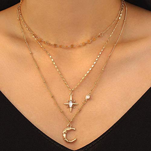 Urieo Boho Crystal Layered Necklace - Gold Short Sequin Multilayer Chain with Star & Moon Pendant for Women & Girls | Perfect for Casual Wear, Parties & Gifts