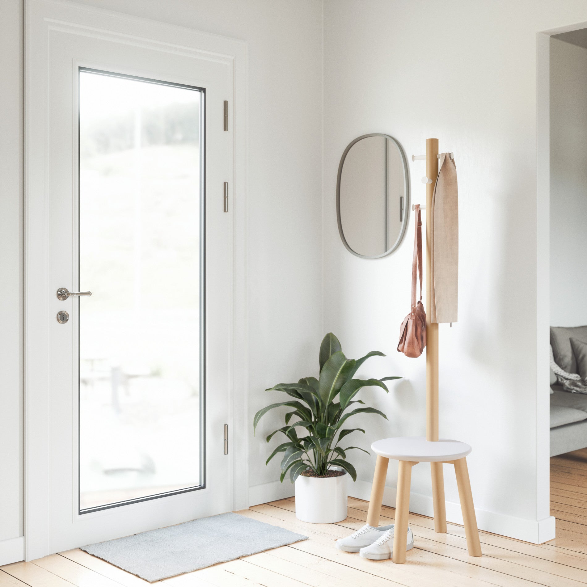 Modern Wooden Pillar Stool with Coat Rack - Multi-Functional Entryway Furniture for Small Spaces, Hallway, Bedroom, or Living Room Organization