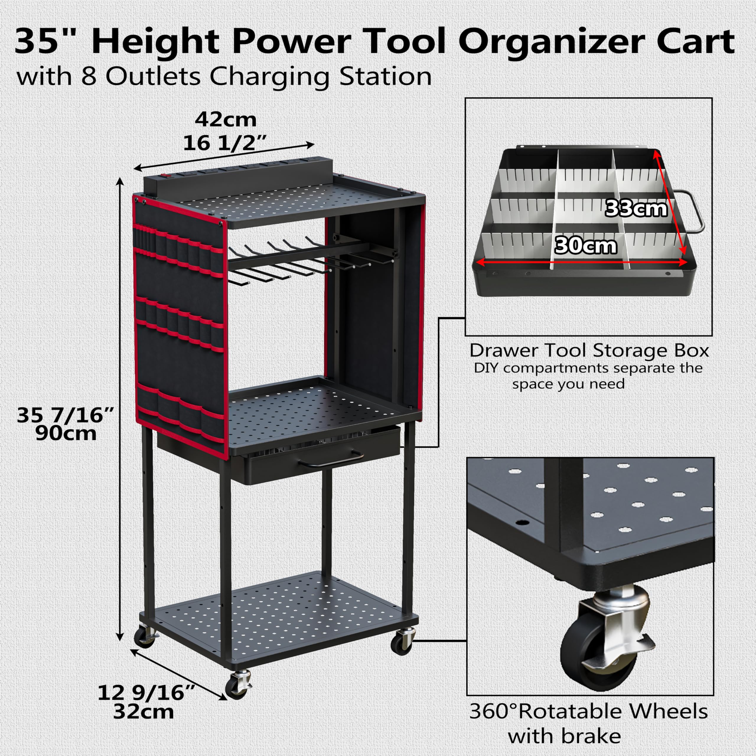 Heavy-Duty Power Tool Organizer Cart with 8-Outlet Charging Station | Mobile Tool Storage with DIY Drawer, Wheels & Power Strip | Utility Rack for Power Tools, Batteries & Repair Equipment (Red) | Perfect for Garage Workshops, Construction Sites & DIY Projects