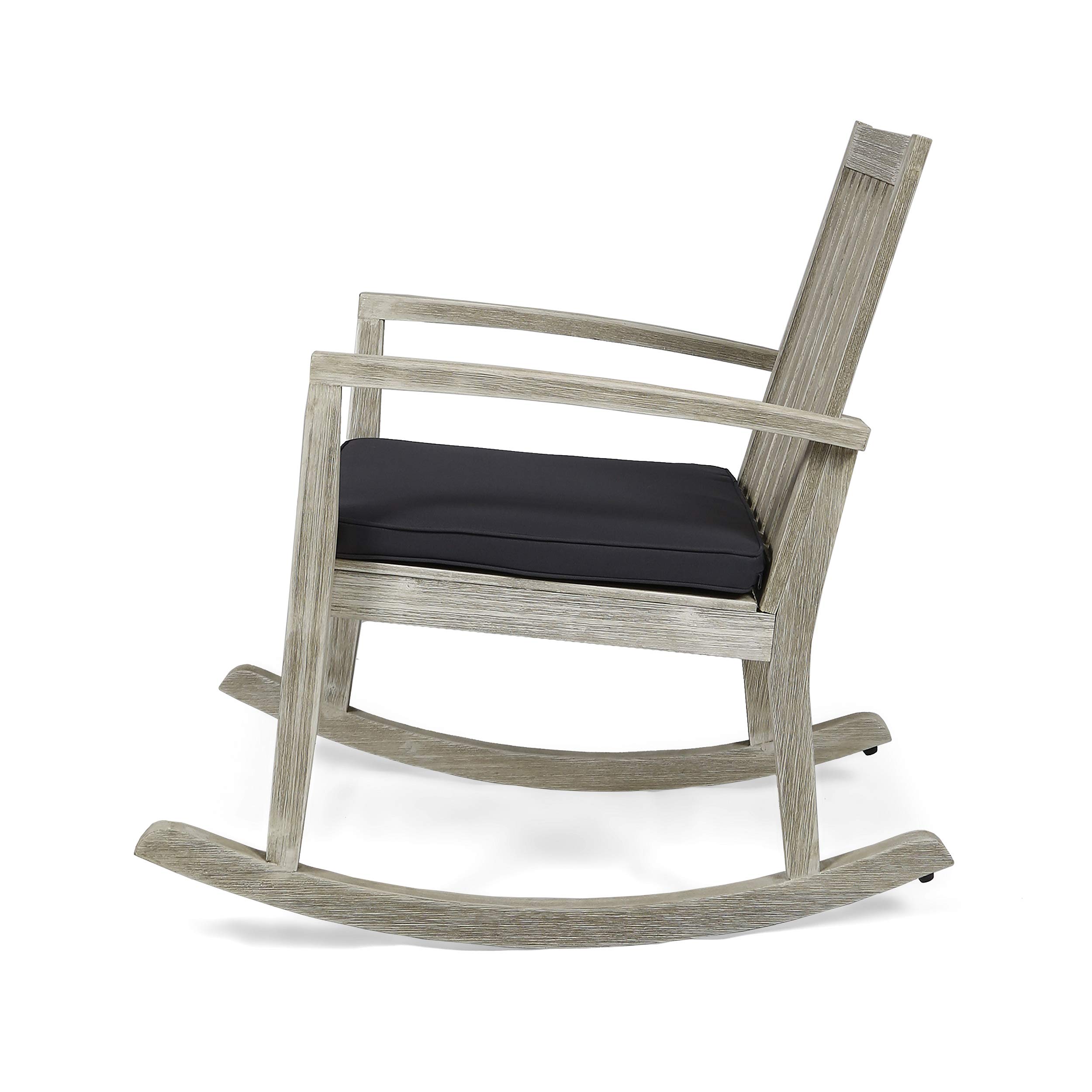 Acacia Wood Patio Rocking Chair with Dark Gray Cushions - Traditional Wire-Brush Light Gray Finish Outdoor Furniture for Garden, Deck & Porch Relaxation