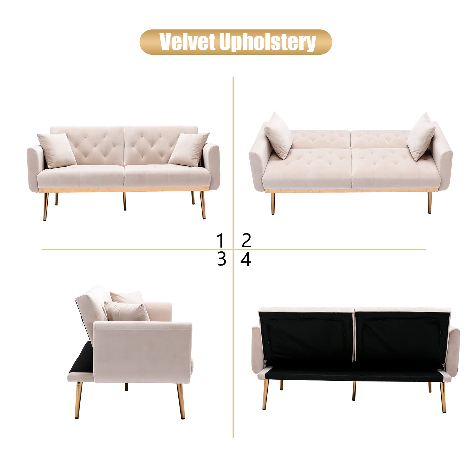 Velvet Accent Loveseat Sofa with Rose Gold Metal Feet - Convertible Sleeper Sofa Bed for Small Spaces, Modern Futon Couch with Split Back Design & 2 Pillows (63.8