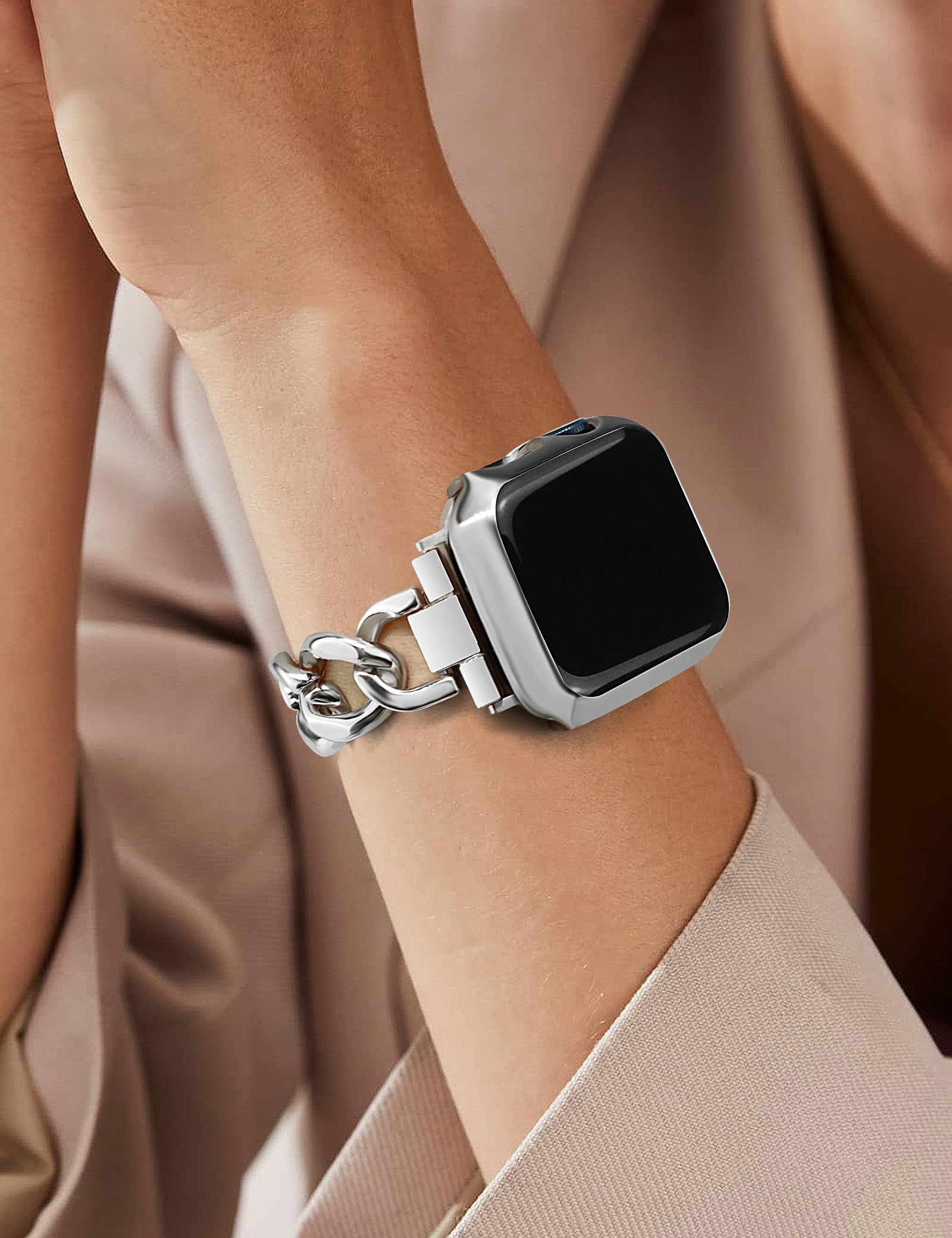 JR.DM Silver Stainless Steel Watch Band for Women - Compatible with Apple Watch 38mm/40mm/41mm/42mm (Series 10/9/8/7/6/5/4/3/2/1/SE) - Adjustable Metal Bracelet with Cowboy Chain Design - Perfect for Work, Gym & Everyday Wear