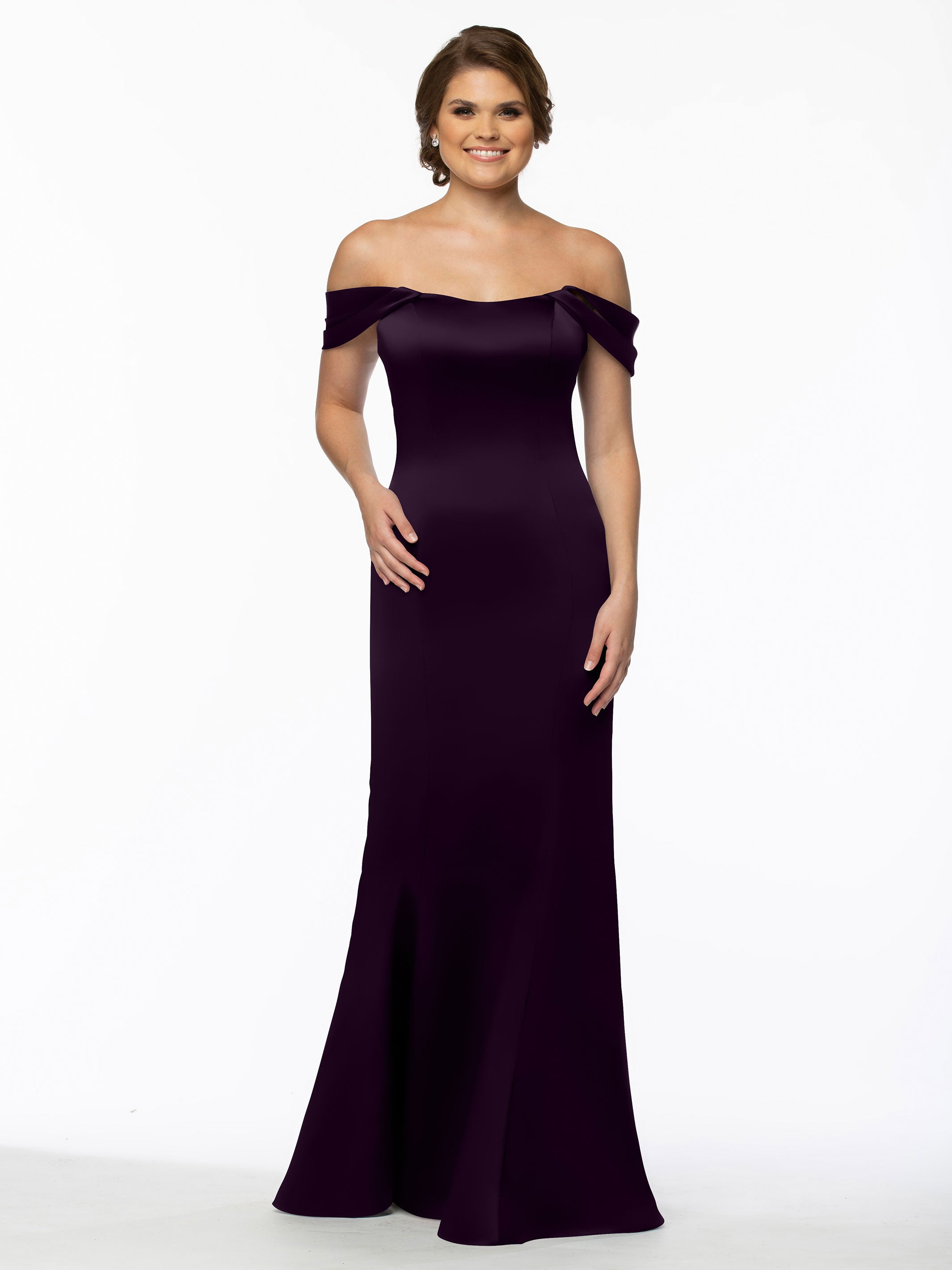 Elegant 80151 Fitted Satin Bridesmaid Dress with Off-The-Shoulder Sleeves - Perfect for Weddings, Formal Events & Special Occasions