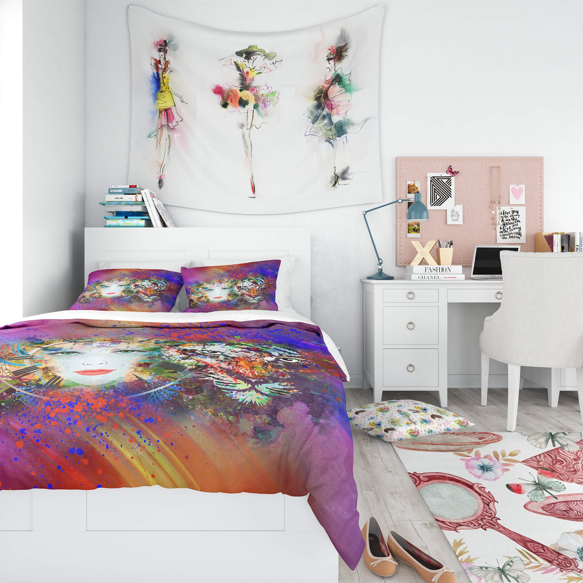 Colorful Tiger & Woman Face Duvet Cover Set - King Size, Abstract Bedding for Modern Home Decor