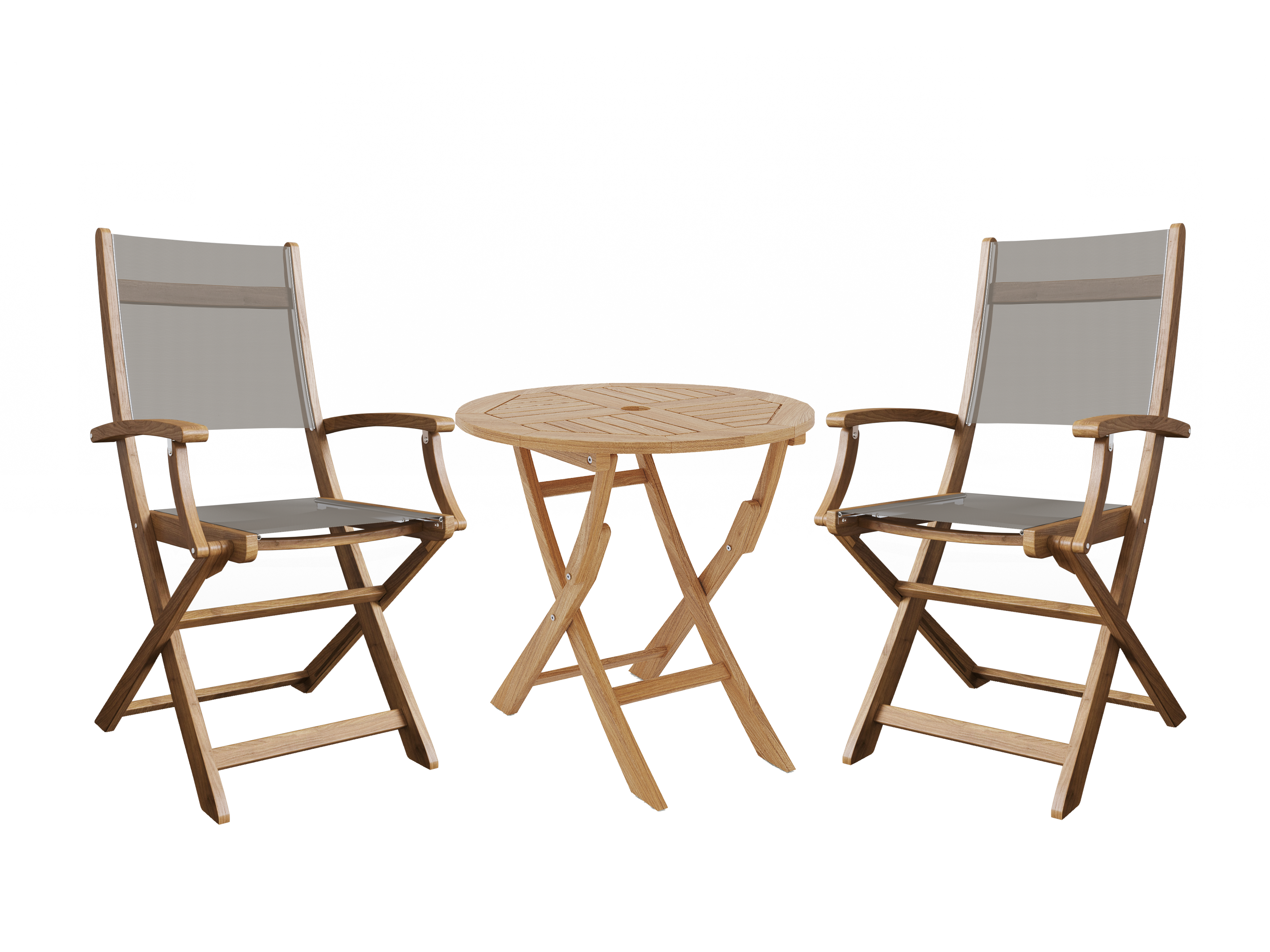 Premium 3-Piece Round Teak Outdoor Bistro Set with Folding Table & Armchairs - Taupe Patio Furniture for Garden, Balcony & Backyard Dining