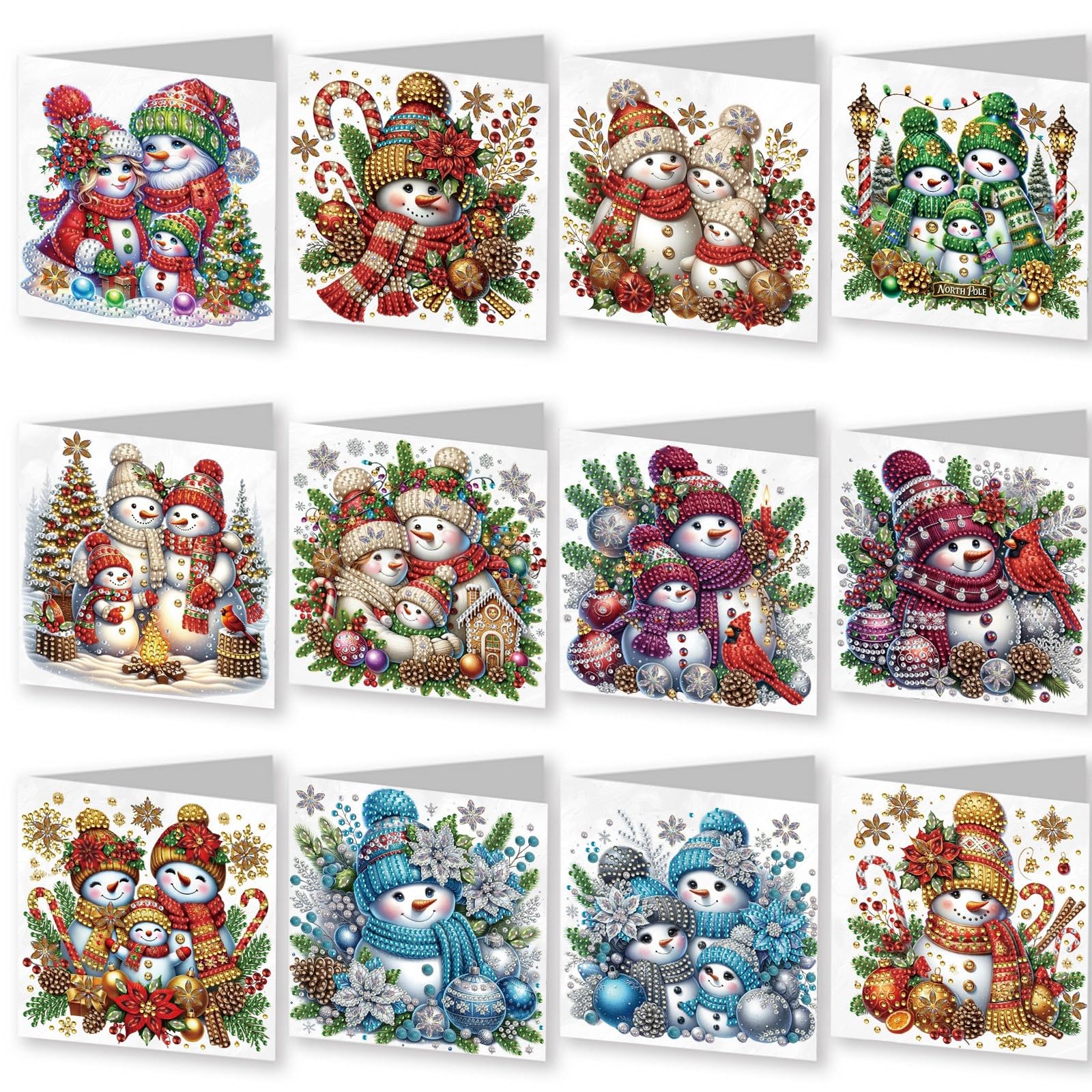 12Pcs DIY Diamond Christmas Cards Kit for Birthday Thanksgiving - Snowman Design