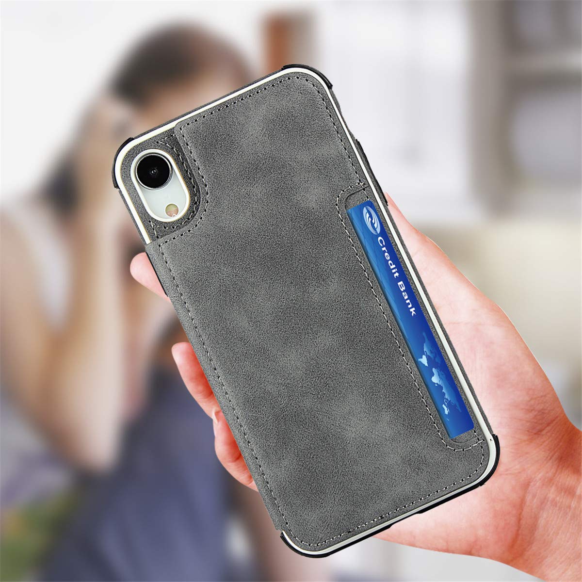 Premium PU Leather iPhone XR Wallet Case with Card Slots, Wrist Strap & Kickstand - Magnetic Clasp Shockproof Cover for iPhone XR 6.1 Inch (Gray) | Perfect for Travel, Work & Everyday Protection