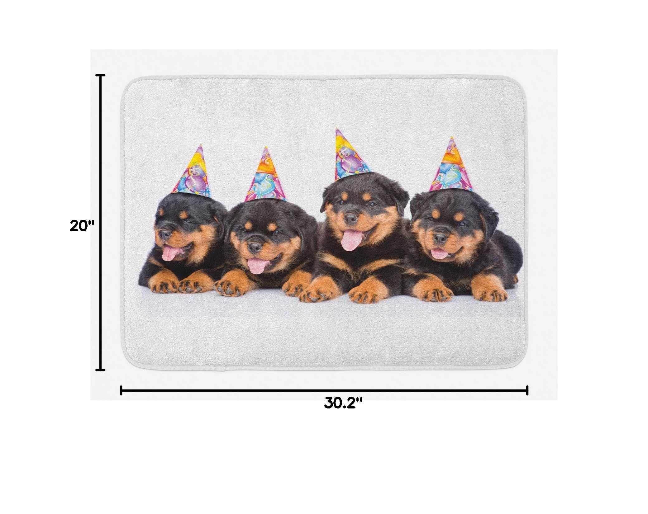 Ambesonne Non-Slip Plush Bath Mat - Rottweiler Dog Birthday Party Design with Cone Hats Art Print, 30.2 x 20 Inches, Marigold & Black - Perfect for Pet Lover Bathroom Decor & Gift