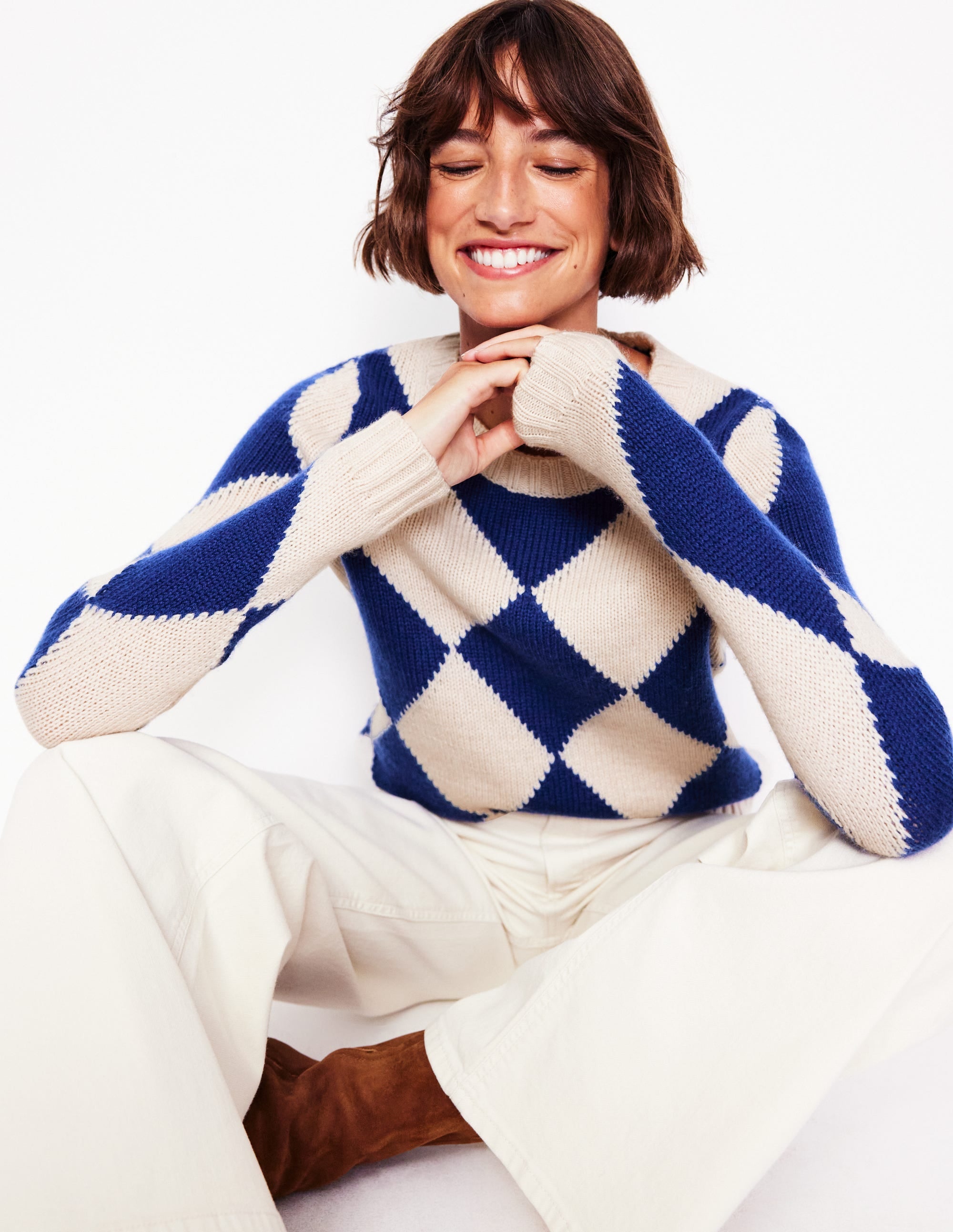 Argyle Crew Neck Sweater for Men - Classic Ecru Marl & Bright Blue Knit Pullover | Perfect for Office Wear, Casual Outfits & Winter Layering