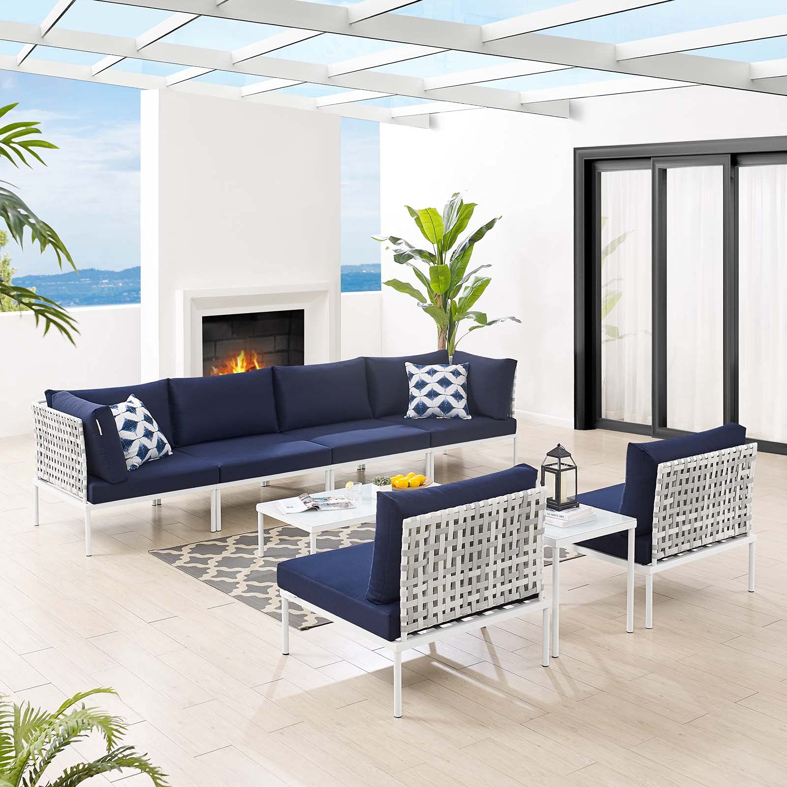 Modern Navy Blue Aluminum Lounge Sectional Sofa Set with Table - Outdoor Patio Furniture for Garden, Cafe, Poolside & Backyard Relaxation