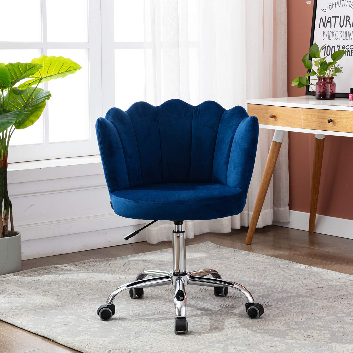 Velvet Desk Chair with Wheels - Modern Swivel Adjustable Height Upholstered Office Task Chair for Home, Living Room & Vanity - Elegant Blue Velvet Fabric for Comfort & Style - Perfect for Work, Study & Relaxation