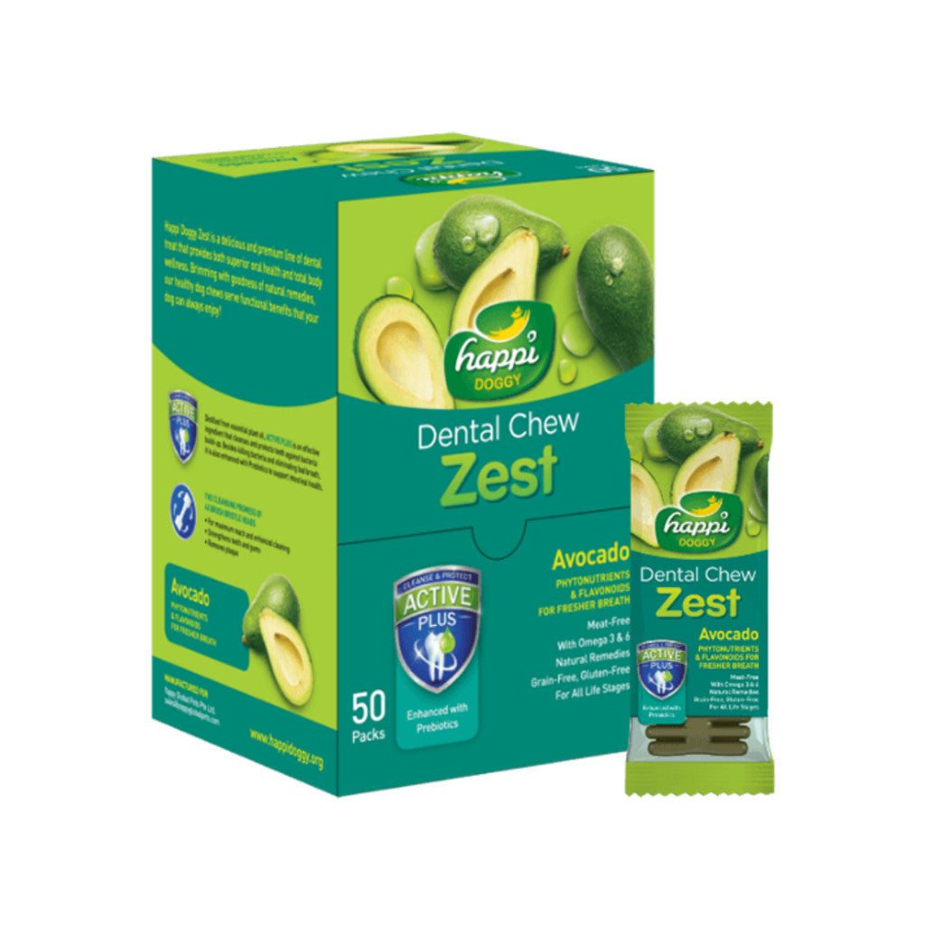 Happi Doggy Dental Chew Zest - 50 Pack Natural Grain-Free Dog Treats, 4 Inch Regular Size, 25g Each | Meat-Free, Gluten-Free | Promotes Oral Health & Fresh Breath for Dogs | Perfect for Daily Teeth Cleaning & Training Rewards
