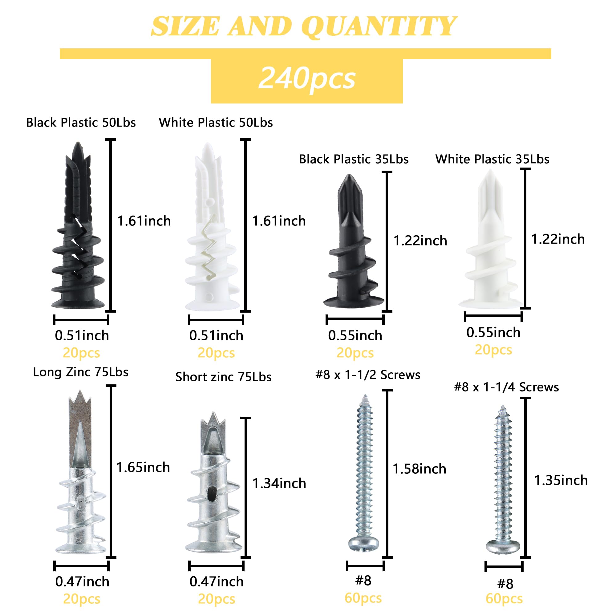 240Pcs Drywall Anchors and Screws Kit - Heavy Duty Self-Drilling Wall Anchors with #8 Screws for Sheetrock & Gypsum Board (No Pilot Hole Needed) - Perfect for Hanging Shelves, Mirrors, TVs & Home Decor