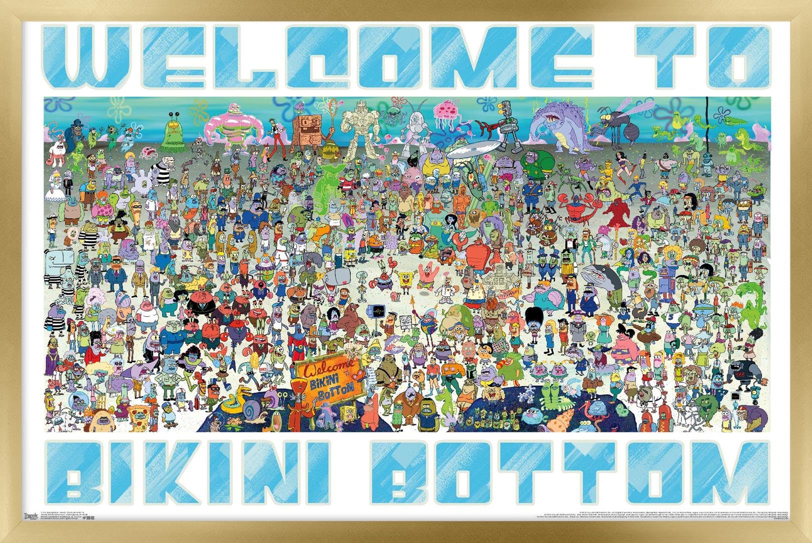 Nickelodeon Spongebob SquarePants Every Character Wall Poster 22.375 x 34 Inches - Gold Framed Version | Premium Cartoon Home Decor for Kids Bedroom, Playroom & Office
