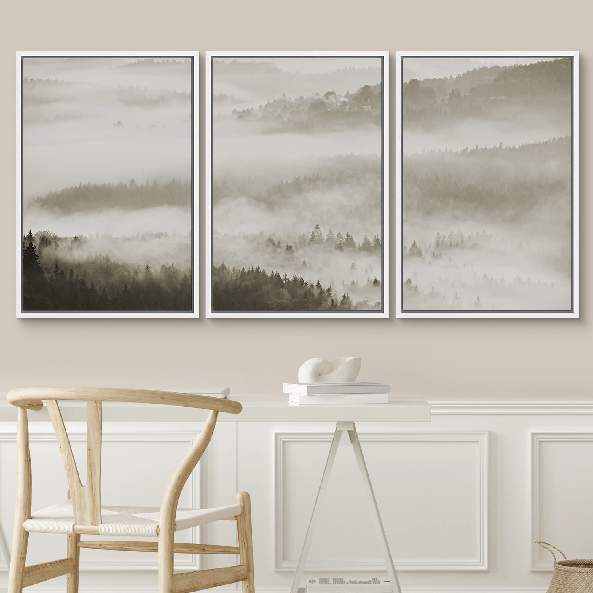 Framed Canvas Wall Art - Woodland Nursery Decor Set, Black & White Misty Mountain Nature Landscape, Modern Rustic Print for Living Room, Bedroom, Office - 24x36 Inches - Perfect for Home Decor, Housewarming Gifts & Interior Design