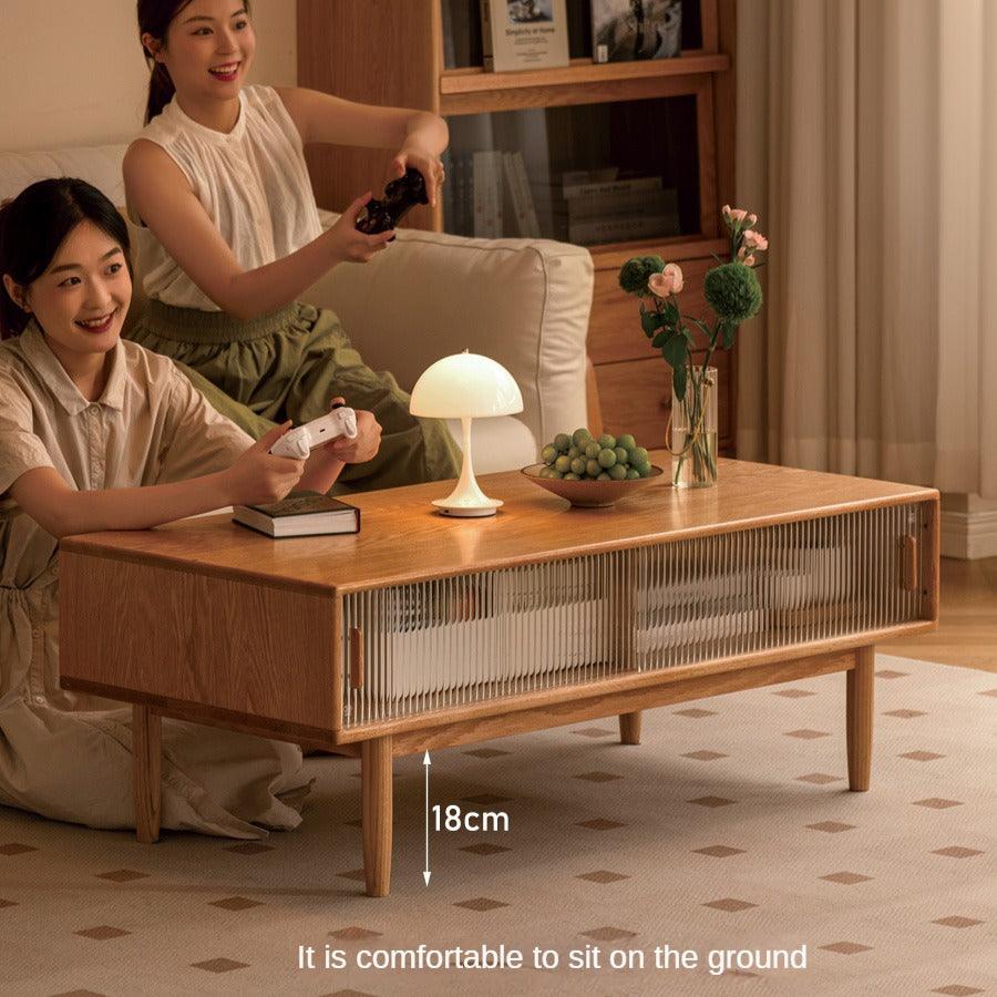 Solid Oak and Beech Wood Coffee Table with Glass Doors - Modern Living Room Furniture for Home Decor and Entertainment