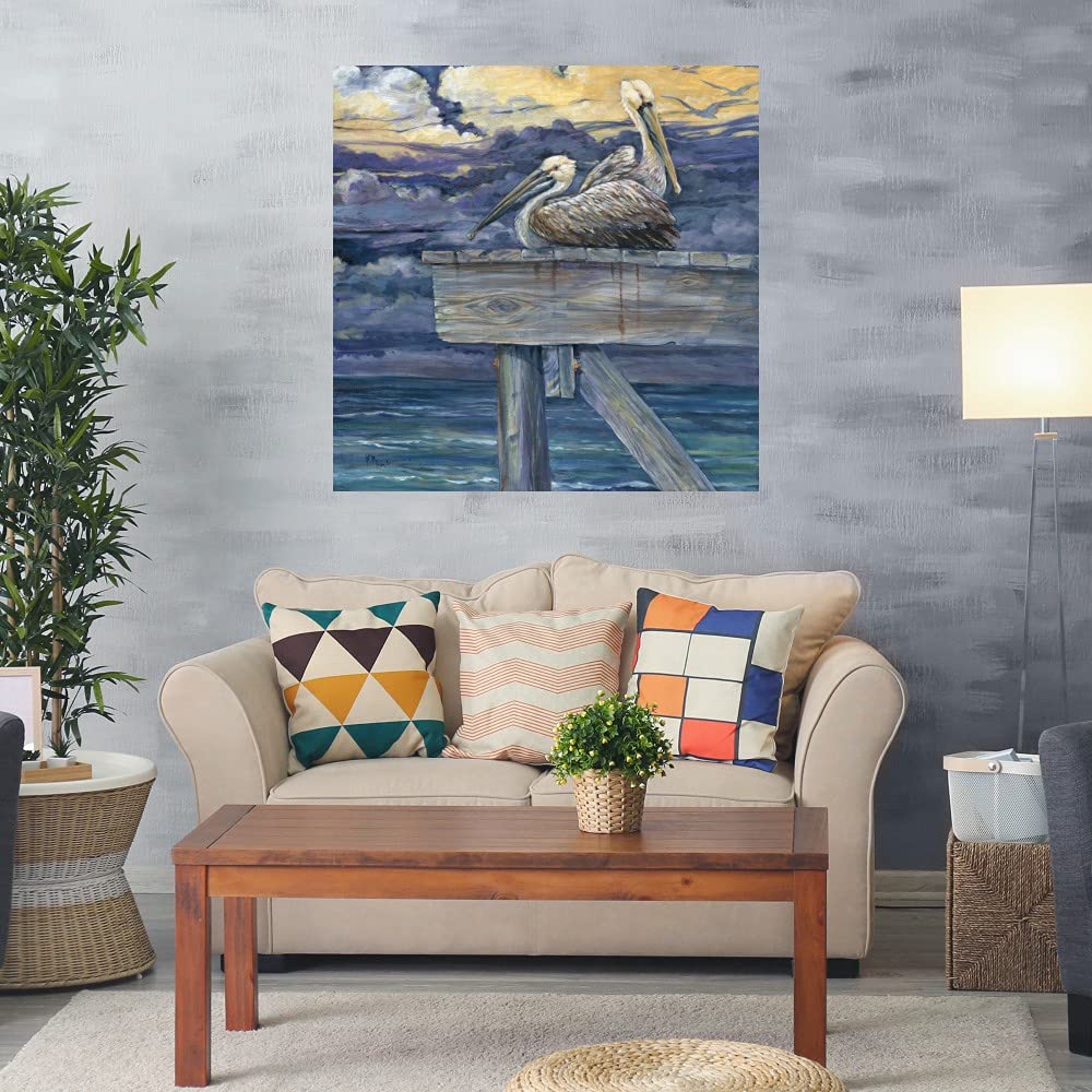 Paul Brent Pelican Dock Fine Art Canvas Wall Decor - 37x37 Inch Ready to Hang Painting for Living Room, Bedroom, Office & More - Coastal & Nautical Home Decor
