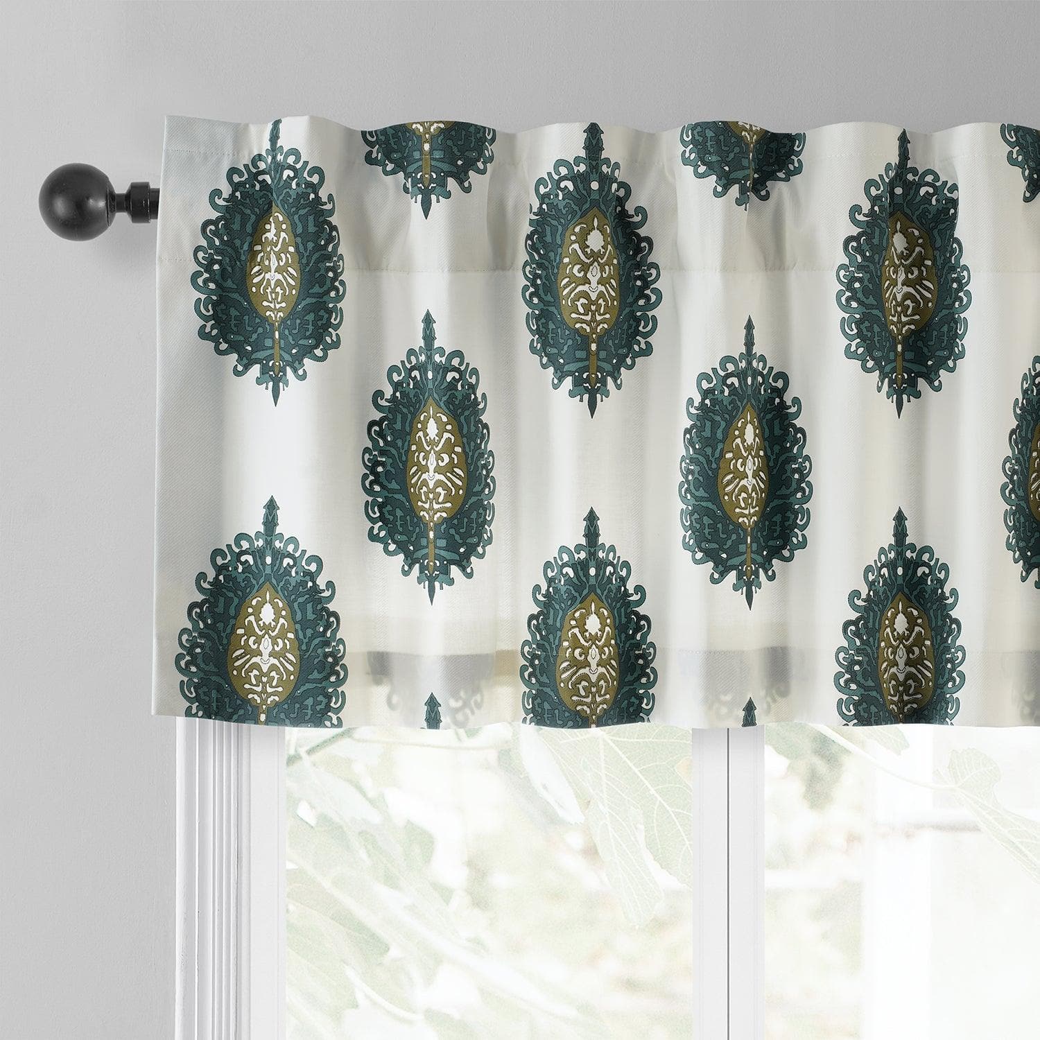 Mayan Teal Emblem Printed Cotton Window Valance - Handmade Boho Curtain Valance for Living Room, Bedroom & Kitchen Decor (36x14 Inches) - Perfect for Bohemian, Farmhouse & Eclectic Home Styling