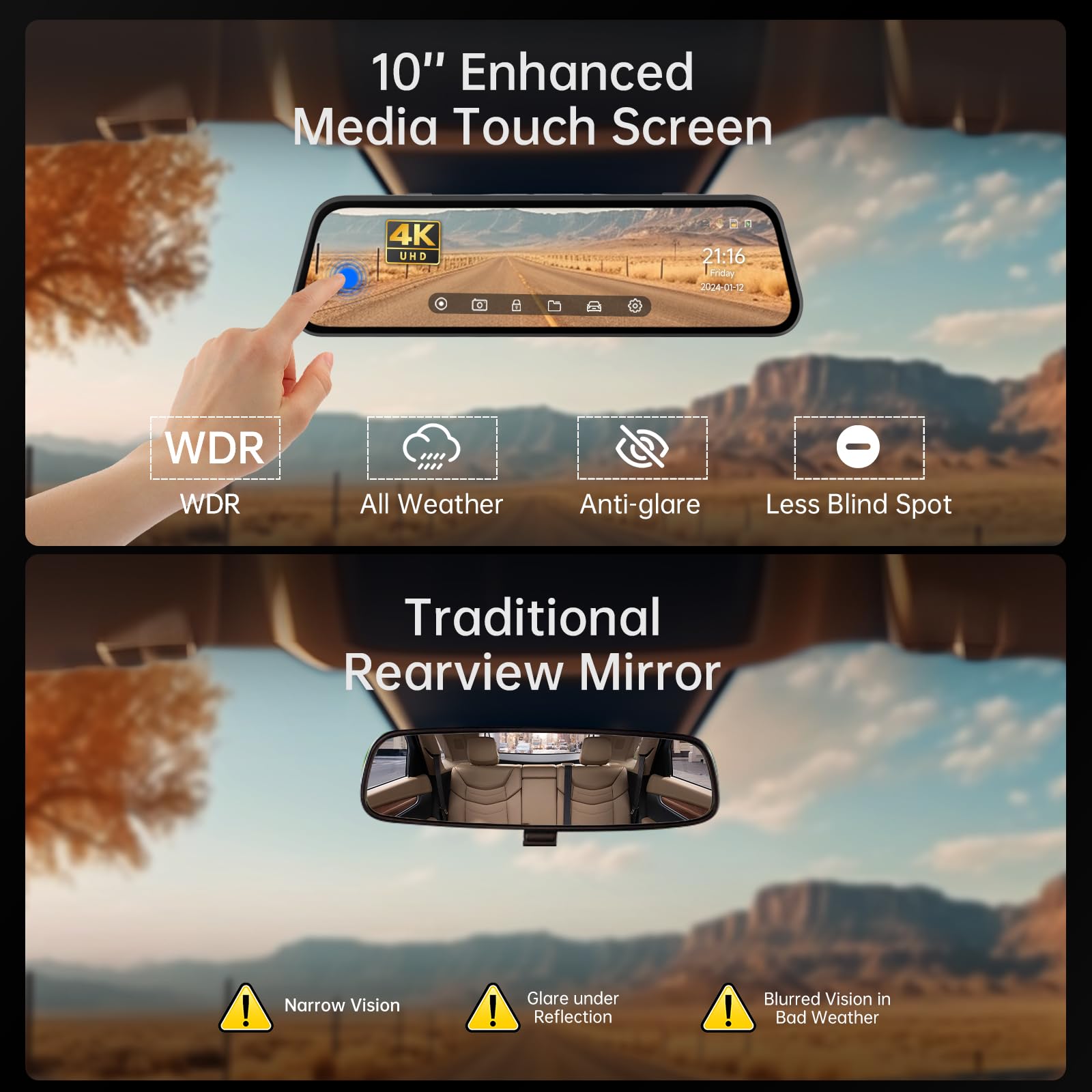 4K Rear View Mirror Dash Cam with 10