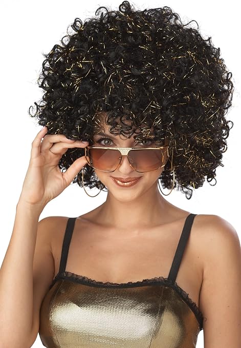 70s Disco Glitter Curly Black and Gold Wig - Retro Party Costume Hair for Halloween, Cosplay, and Themed Events